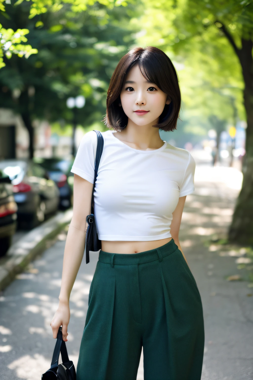 (masterpiece、high-level image quality、hightquality),(Beautiful realistic Japan woman:1.3、college aged:1.3、20yr old)、(perfect anatomia、Beautiful limbs、Beautiful skin),(short-hair、A dark-haired、black eyes)、爆乳:1.20、Toned waist、Seductive hips、Attractive pants、tight shirt、naive、Beautiful body、street、Green Tree々、Sunnyday、modeled、Professional filming、gravure、