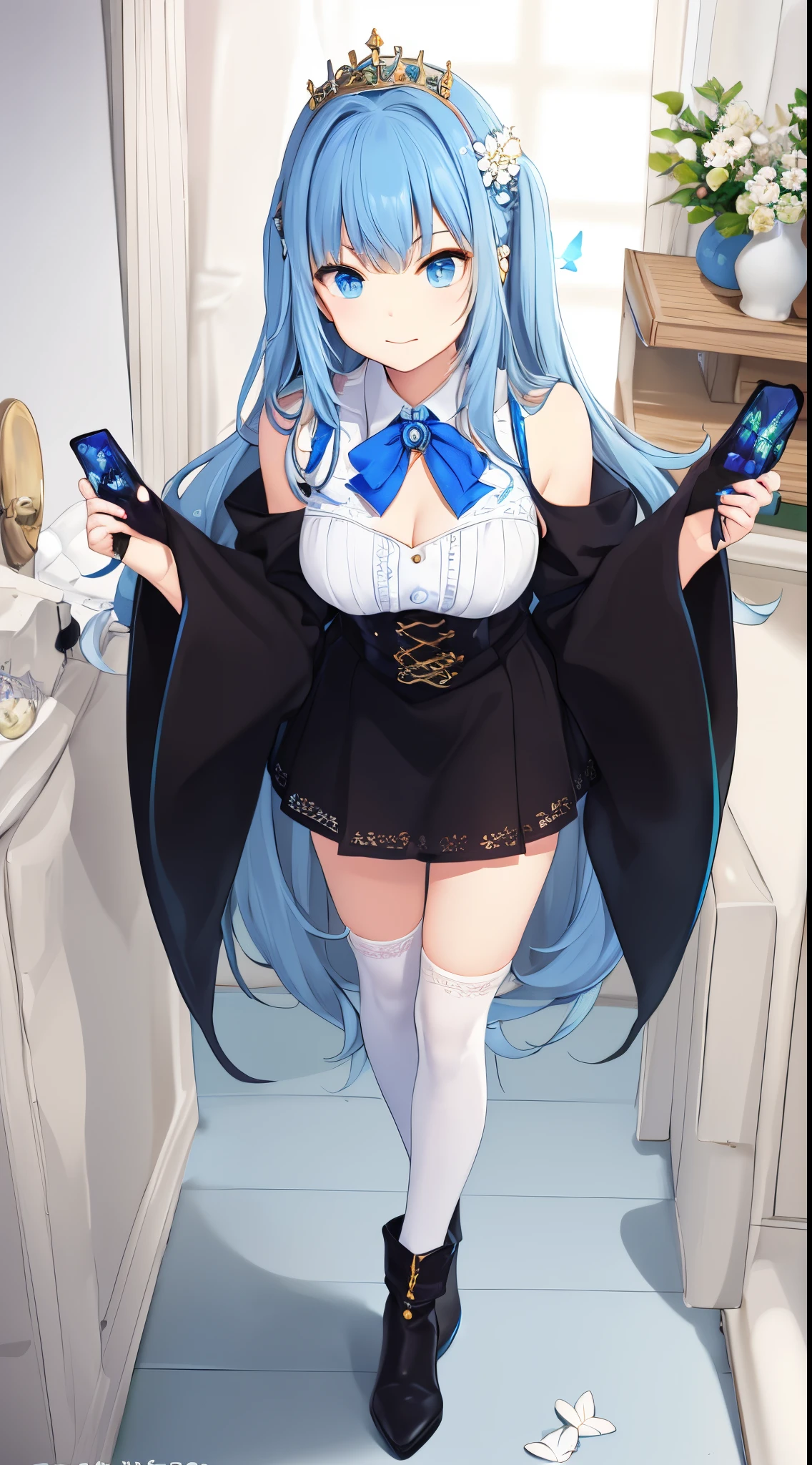(down view),dynamic angle,ultra - detailed, Lighting, Close-up cleavage, direct, 1 busty girl,The chest is small， (dream-like:1.4), (skyblue eyes:1.233),Her eyes sparkled like dreamy stars,(glowing light eyes:1.233),(beautidful eyes:1.1),(silber hair:1.14),(messy  hair,Very long hair,french braid,hair between eye,side locks), (+(Blue-haired flowers:1.14)),(chiffon dress,blue floral pattern in uniform)/=(army suit:1.24),(Split sleeves,Wide sleeves),(Fingerless gloves),collars,(Miko stockings),high heels boots,(face expressionless,close your mouth),(everlasting), (Classical Princess Boudoir，Features dressing table and floor-to-ceiling windows，Located in a white ancient palace),(White flowers,full bloom),(Abyss),(Flowing water),(dark blue world tree:1.14),(废墟),(natta:1.2),like a dream,Schiller,(fluorescence),(flying translucent blue butterflies:1.15), [[Slender fingers and hands:0.55]::0.85],(detail finger),(yubao:0.5),