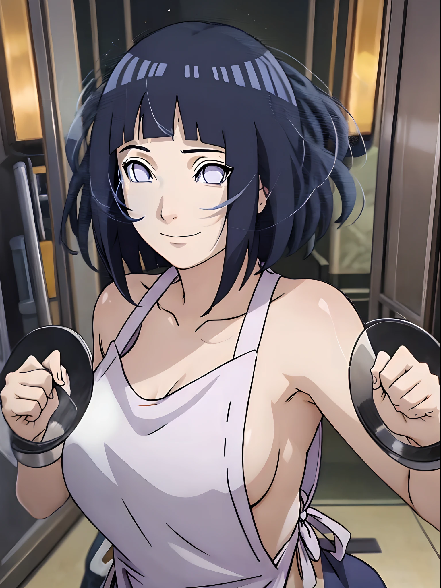 ((thick arms)), , , anime style, cute , beautiful , nice body, soft body, (hinata\(boruto\),  (slender body), mature woman , broad shoulders, off-shoulders, (naked wearing white  apron only,  bare arms, bare hands), smile, closed mouth, pale skin, , smile, (dark blue hair color:1.1), wavy hair, floating hair, ((very short hair, hime cut), big breasts, (closed fists), , (perfect eyes, white sciera, bright eyes, white eyes, anime eyes)