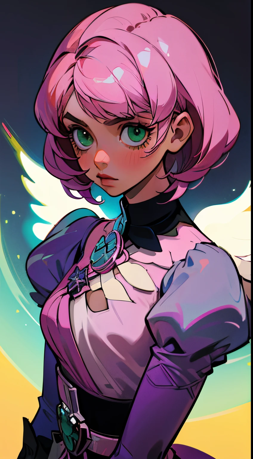 Alisa bosconovitch androide de origem russa, iris dos olhos cintilantes verdes, melhor qualidade, contemporary, estilo plano, minimalismo, Green Eyes Flat Illustration, cabelo rosa, cabelo curto, cabelos multicoloridos, Camisa Preta, mechanical wings, Head Portrait Close-U, peito pontudo, decote, super decote, middlebreasts, Tekken, cabelo rosa pastel, 1girl, em quimono, hand-painted, Desenho de linha sem cor, colorida do yandere pastel, Tekken, Super cute pink hair girl with gothic makeup on the side, figura esbelta, robusto, He sat on the floor, cabelos muito curtos, com orelhas de gato, quadratic element, kawaii cor-de-rosa na roupa da era de 1910, Alisa Bosconovich pink lips, no estilo da paleta de cores suave aurorapunk, an anime illustration of his face, gifs animados, hand drawn animation, charming sketches, suave e brilhante, romantismo nebuloso, Estilo Superflat, perspective, close-up, rotated, from side, from above, cut-in, atmospheric perspective