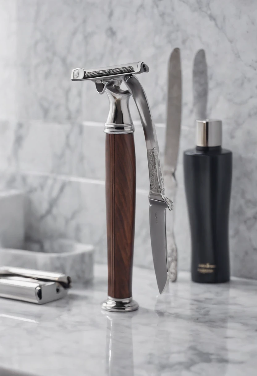 A view of a sleek silver razor and a straight razor on a marble countertop,original,tall, muscular, well groomed with short stylish hair. always wearing designer business suits. looks like christian bale