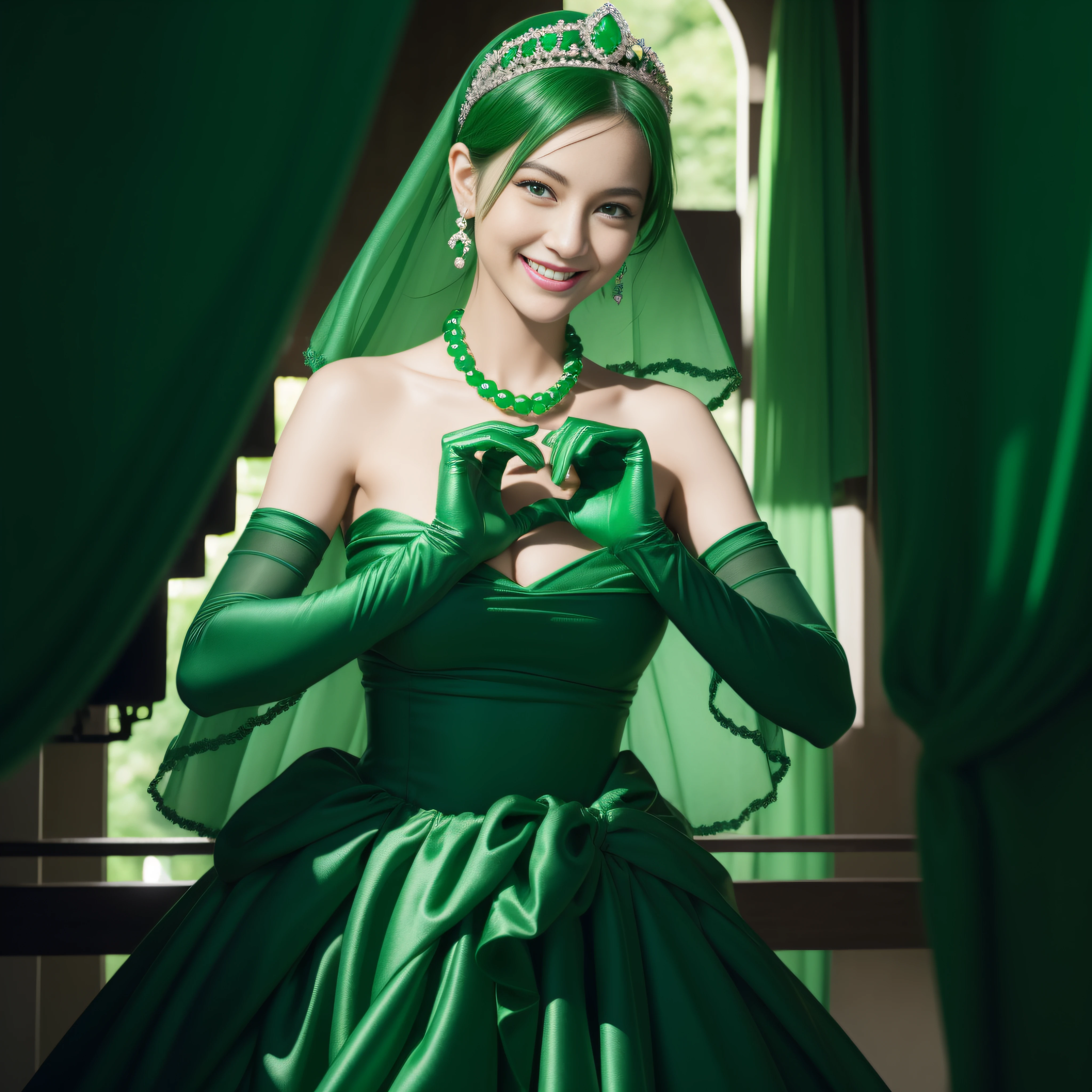 emerald tiara, Green Pearl Necklace, Boyish very short green hair, lipsticks, Japan woman smiling, very short short hair, big breasts beautiful, Green eyes, Long green gloves made of satin material, Green eyes, Emerald Earrings