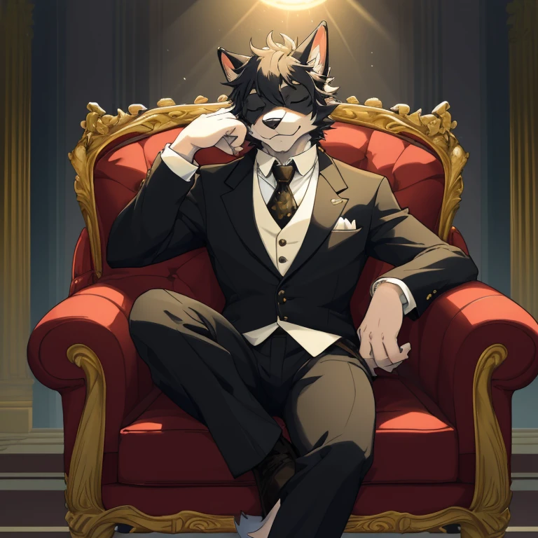 top quality, best quality, masterpiace, super high resolution, detailed background, spotlight, concert(highly detailed beautiful face and eyes)absurdres, perfect anatomy(handsome 1boy, kemono, solo focus, tuxedo)(furry)(furry anthro:1.7)(Furry body, dog facial features, dog body features)(very detailed body fur)full body, sitting, closed eyes, An opulent red velvet single-seat sofa with a sense of grandeur, adorned with lavish armrests, smile, portrait,