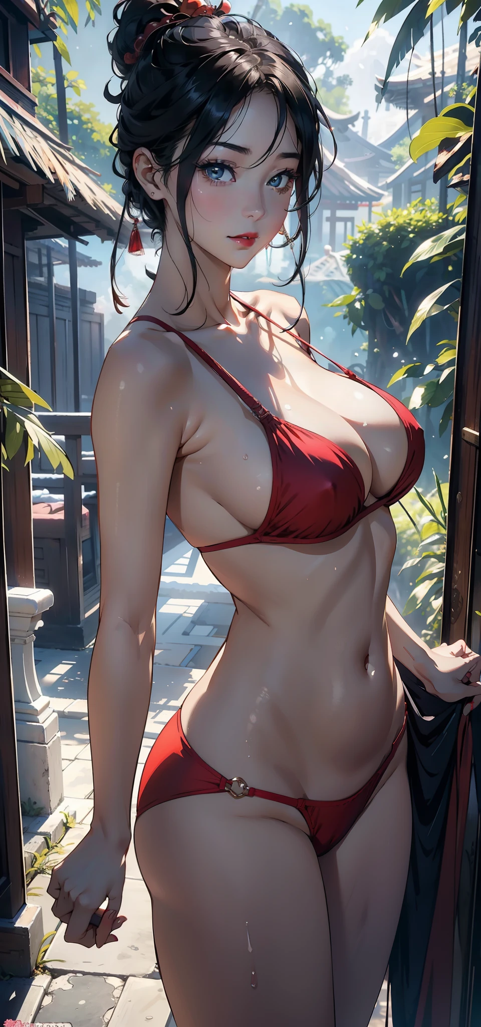 1female,45 yers old,Married woman,熟妇,mature,plum,Pubic hair is large,big chest and thin waist,long leges, 独奏,(Background with:the rainforest) She has short black hair,bobo head,,seen from the front, Stand deep in the forest, The sky is mostly cloudy,(((tmasterpiece),(Very detailed CG unified 8k wallpaper),Best quality at best,电影灯光,detailed back ground,beautidful eyes,Bright pupils,黑The eye,Snow-whiteskin,Redlip(very delicate beautiful),(Beautiful and detailed eye descriptions),ultra - detailed,tmasterpiece,))facing at the camera,A high resolution,ultra - detailed),revealing breasts,Bare genitals, convex,legs are open,Raised sexy,Camel toes,unfulfilled wish,the street,mayan style(dressed in:Oversized,drooping chest, red bikinis)