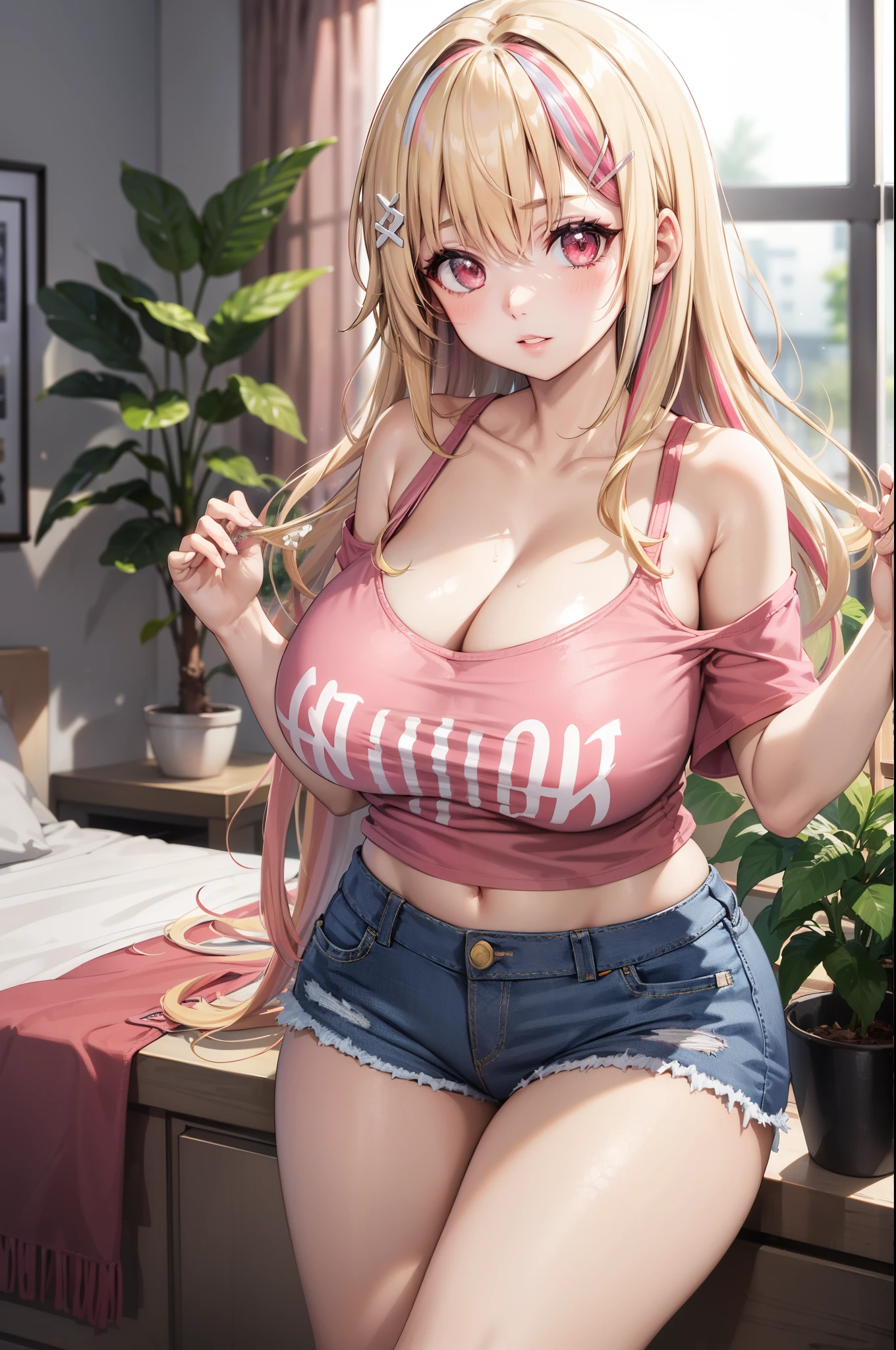 1girl, solo, blonde hair, scene hair, hair clips, pink streaks, streaky hair, long hair, off shoulder shirt, indoors, messy bedroom, cute decor, dutch angle, window, plants, jirai kei, print t shirt, denim shorts, thick lips, pink eyes, layered hair, huge breasts, cleavage, midriff, thick thighs, anime