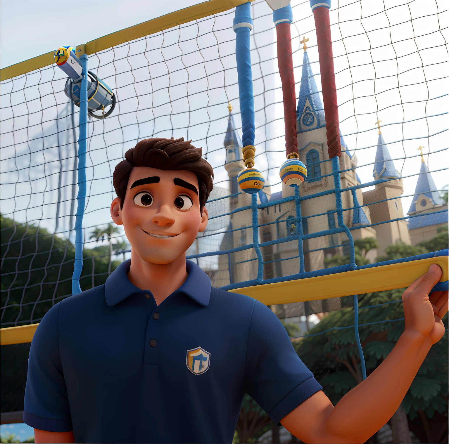 Um atleta homem de voleibol de praia (Emanuel Rego) estilo disney pixar, alto e magro, com cabelo de encaracolado curto, em frente a uma rede de volei, 3 medalhas penduradas na rede, alta qualidade, melhor qualidade.