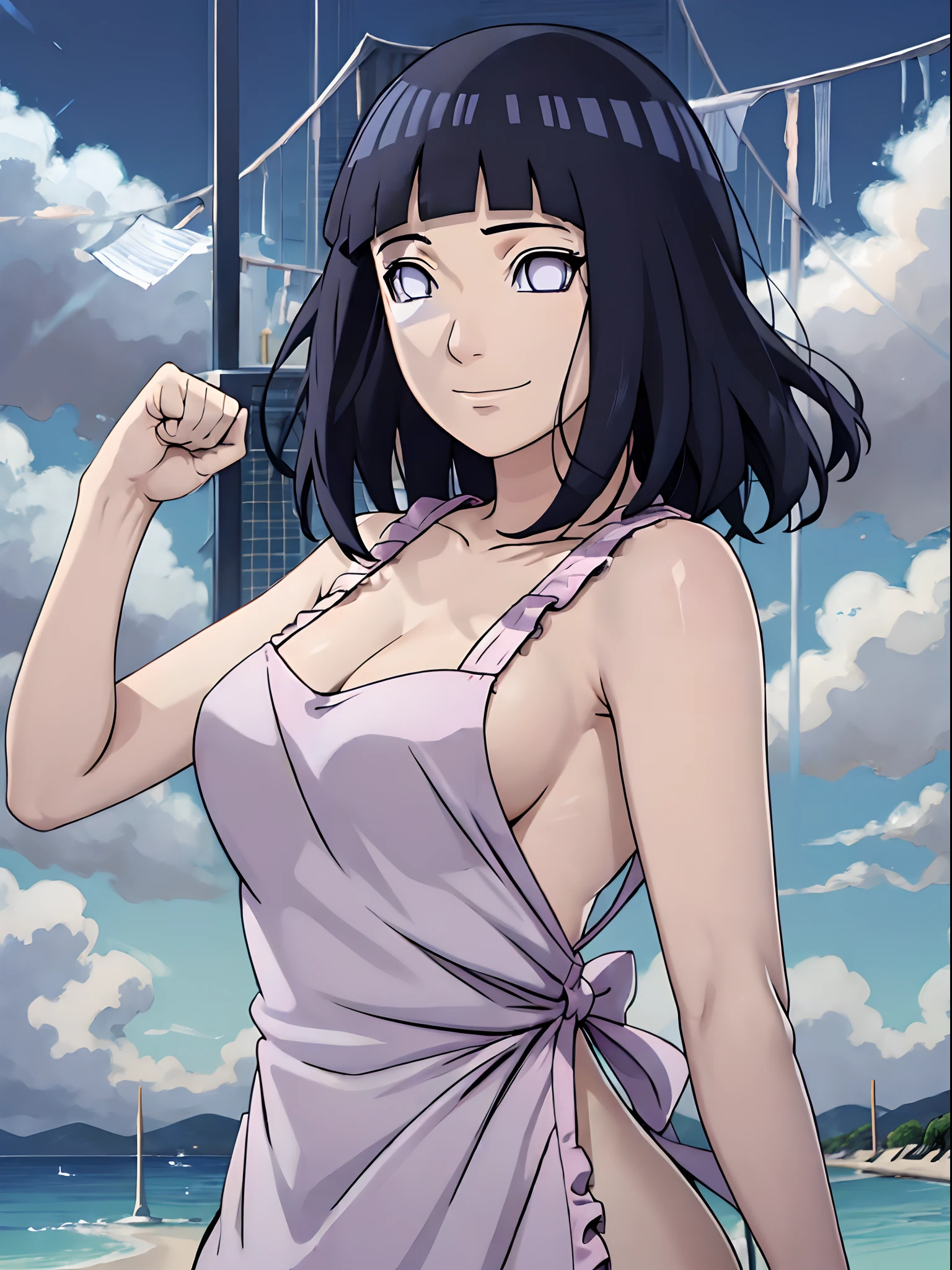 ((thick arms)), , , anime style, cute , beautiful , nice body, soft body, (hinata\(boruto\),  (slender body), mature woman , broad shoulders, off-shoulders, (naked wearing white  apron only,  bare arms, bare hands), smile, closed mouth, pale skin, , smile, (dark blue hair color:1.1), wavy hair, floating hair, ((very short hair, hime cut), big breasts, (closed fists), , (perfect eyes, white sciera, bright eyes, white eyes, anime eyes)