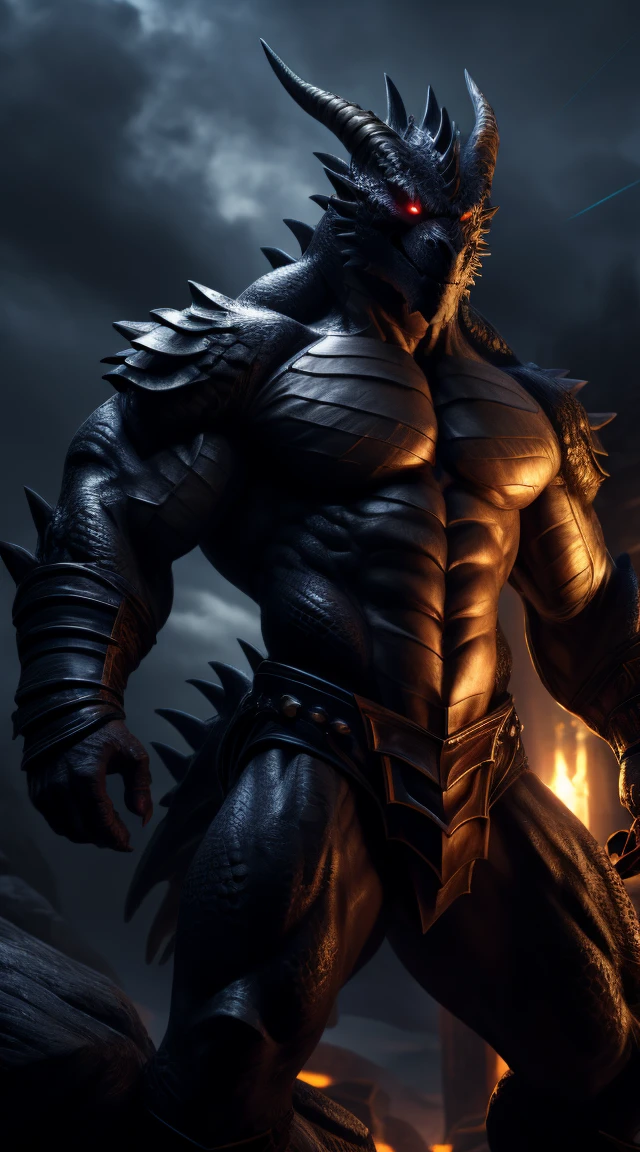 A dragon man, muscular, illustration, (best quality, 4k, highres, masterpiece:1.2), ultra-detailed, realistic, horror, sharp focus, vivid colors, nighttime lighting, rock abs, light armor, black body with scales, glowing eyes, transforming hands into monster motion lines.