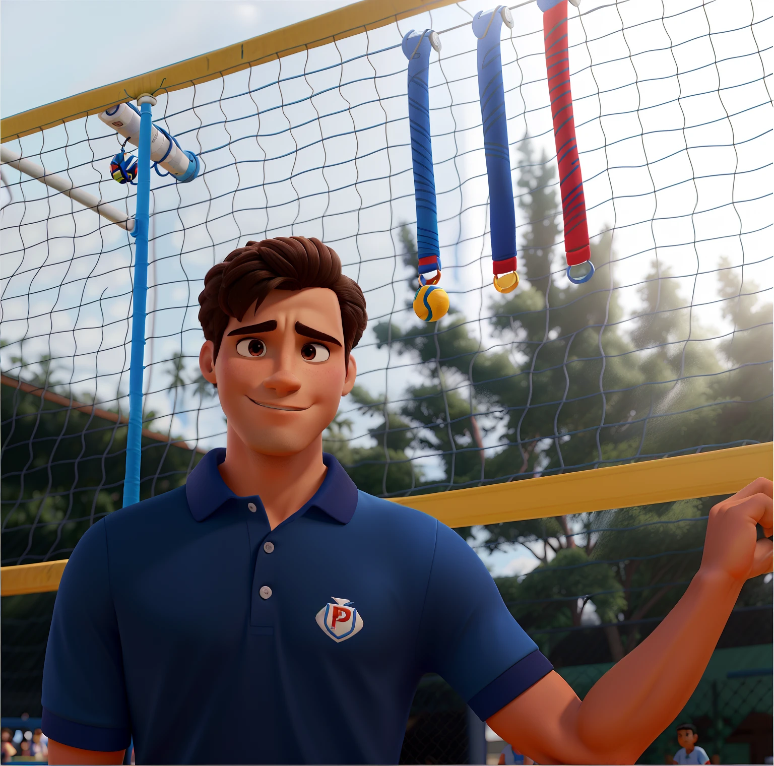 Um atleta homem estilo Emanuel de voleibol de praia estilo disney pixar, cabelo curto de caixinhos curtos, camisa polo azul, em frente a uma red, 3 medalhas penduradas na rede, alta qualidade, melhor qualidade.