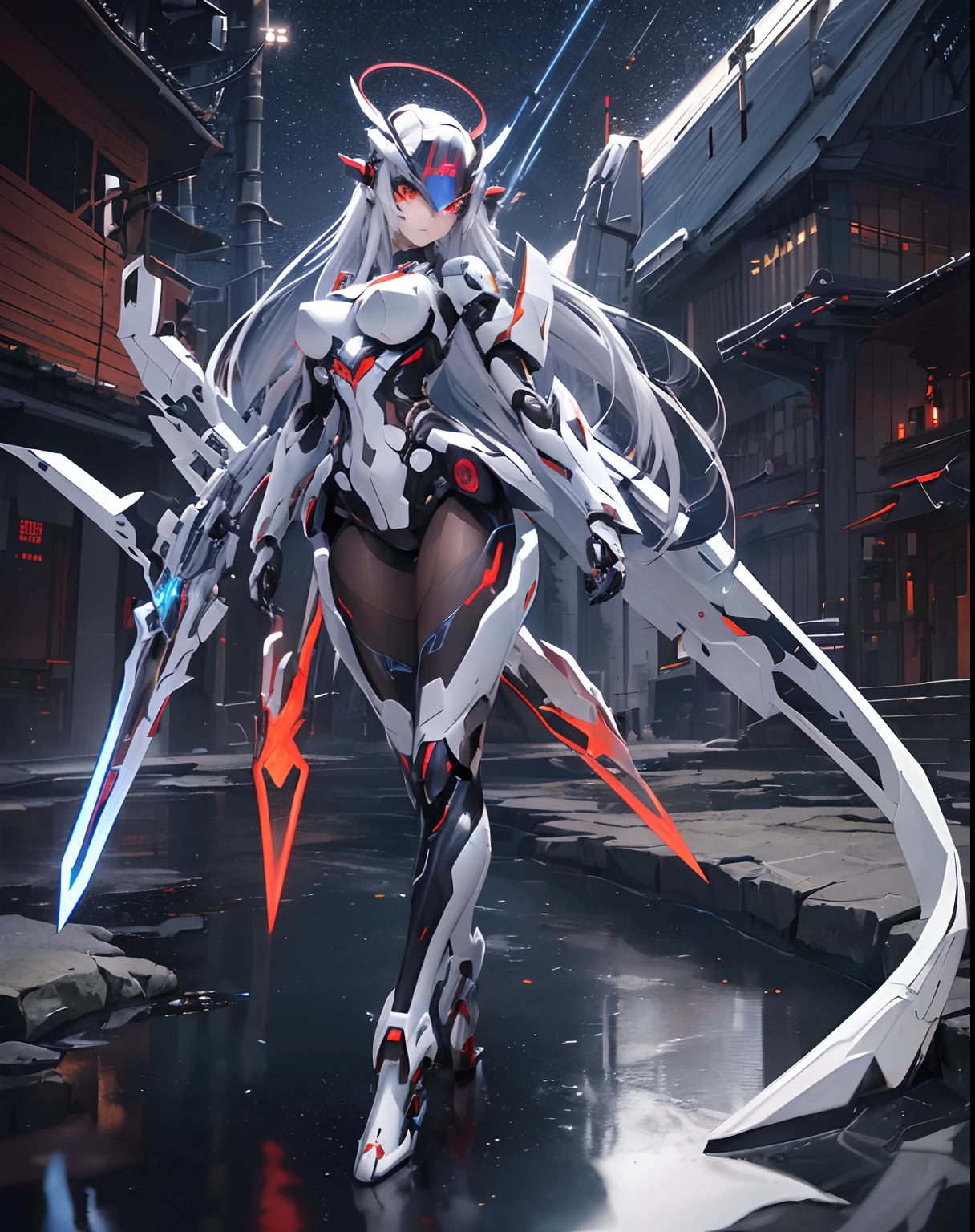 ((Kizi, mecha)), glare eyes, 精致的面容, damaged armor, mechanical aura, mechanical arm, White hair, long hair, ceramic body, Thigh clearance, breasts big, Network Background, Very cool city, (translucent, Reflective skin), 8K, best qualityer, super verbose, (Surrealism: 1.4),