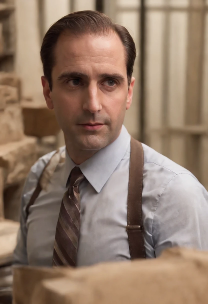 A photo of Michael attempting to make a pottery sculpture.,The Office TV show,Michael Scott, the fictional character from “The Office,” is a middle-aged man with a receding hairline and a penchant for ill-fitted suits, which adds to his somewhat awkward and unpolished appearance. He often carries a goofy, sometimes childlike expression, complementing his attempts to be liked and seen as humorous by his employees.