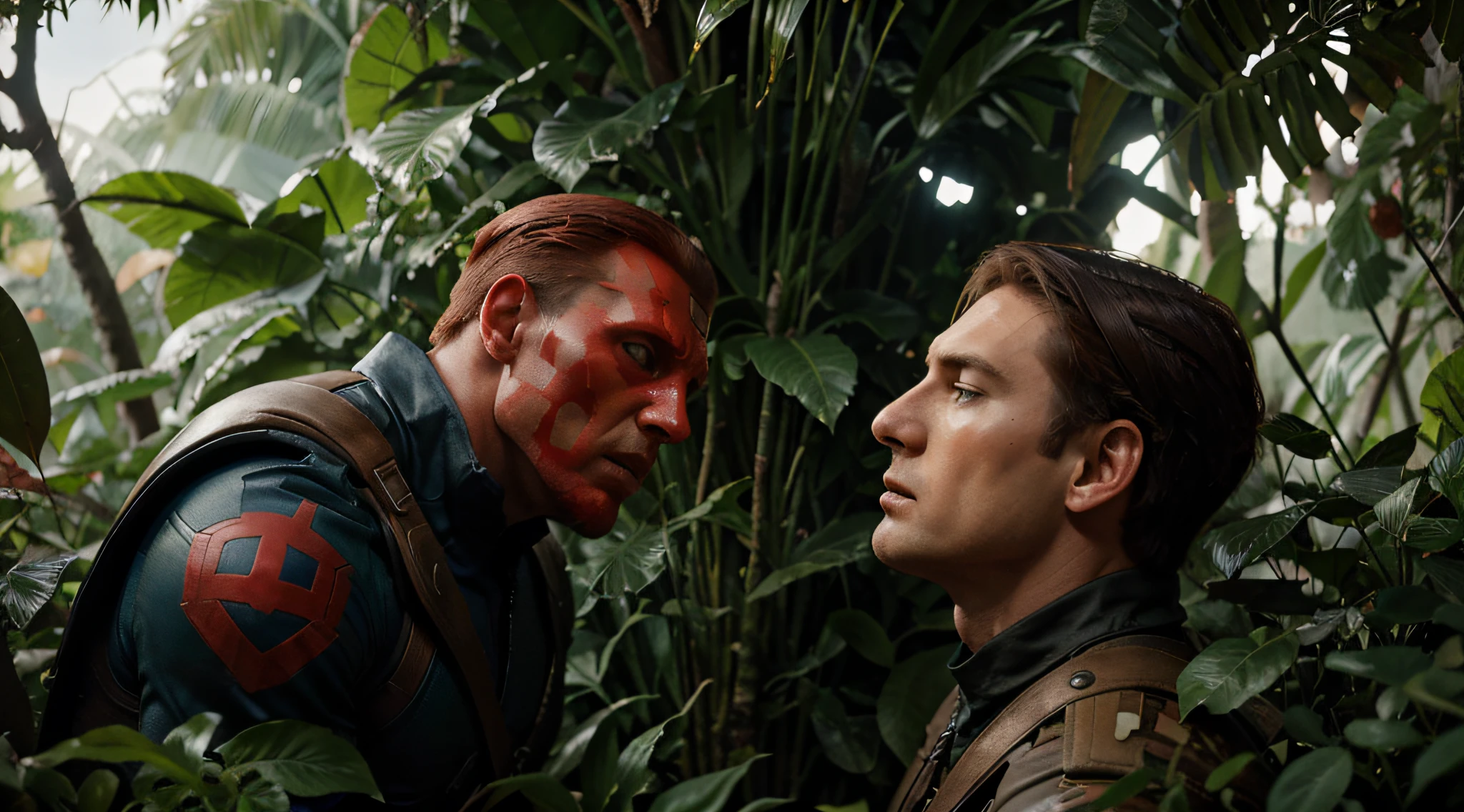 "Captain America in profile fighting the villain Red Skull in the jungle". showing a base with hydra soldiers, by Syd Mead, cool tangerine color palette, realistic image, soft, detailed colors, 8k