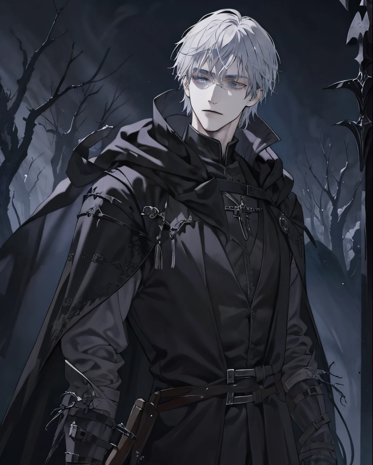 1male, medieval fantasy, beautiful, depressed, silver hair, black eyes, detailed eyes, (rogue mage, black cloak), (dark sorcerer, wielding black magic), alone in a dark forest, medieval fantasy, close up