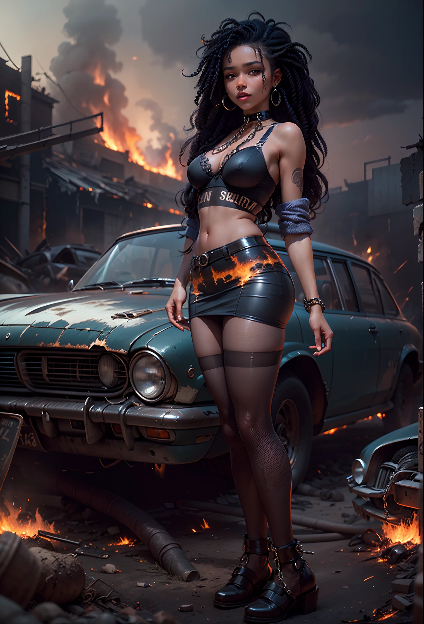 ((21-year-old))), black girl, (((light skin))), (((full body pose))), (((long curly black hair))), (((wearing tight chainmail micromini skirt, chainmail bra))), (((seamless black, pantyhose))), (((submissive))), (((metal choker))), (((post apocalyptic scene, old cars, fire, death))), dark fantasy, Rich, Deep Colours, (intricate details:0.9), (HDR, hyper-detailing:1.2), (natural skin textures, hyper realisitc, glistening skin, soft light, Sharp),