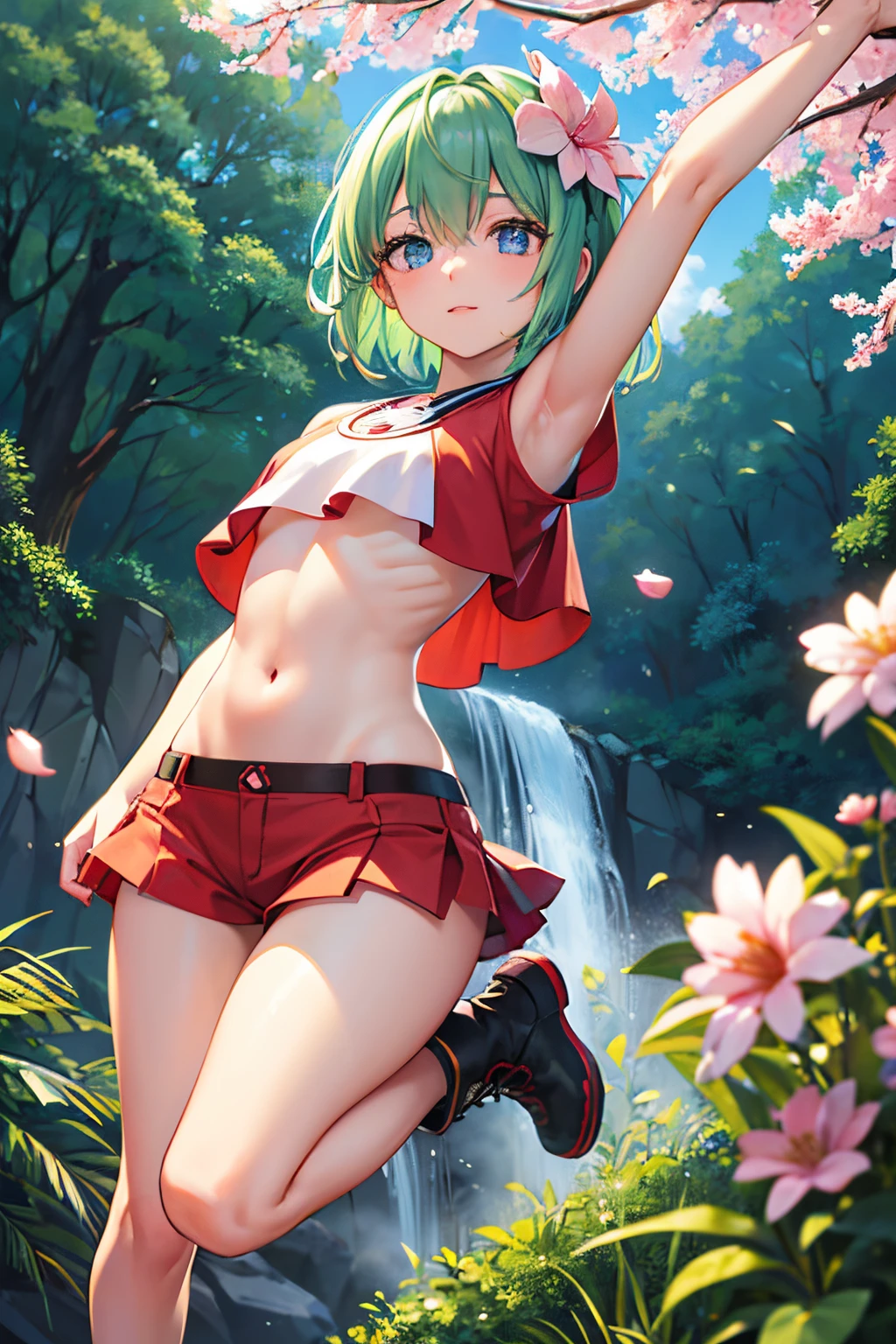 colorful auspicious clouds, sakura, leaf, tree, waterfall, acorn, soil, blurry_foreground, 1girl, day, painting, depth_of_field, blurry, (best quality), ((masterpiece)), cute anime girl, green hair, short hair, red t-shirt, cutout above navel, blue denim shorts, black boots, forest, c(lean detailed faces), analogous colors, beautiful gradient, clean image, high quality, high detail, high definition, cute face, 4k resolution, full body, ultra sharp focus, extremely detailed eyes, blue eyes, detailed symmetric realistic face, extremely detailed natural texture, perfectly centered medium, nikon d850 film stock photograph, kodak portra 400 camera f1.6 lens, extremely detailed, amazing, fine detail, rich colors, one body, fully clothed, face, head in frame, body in frame, good proportions