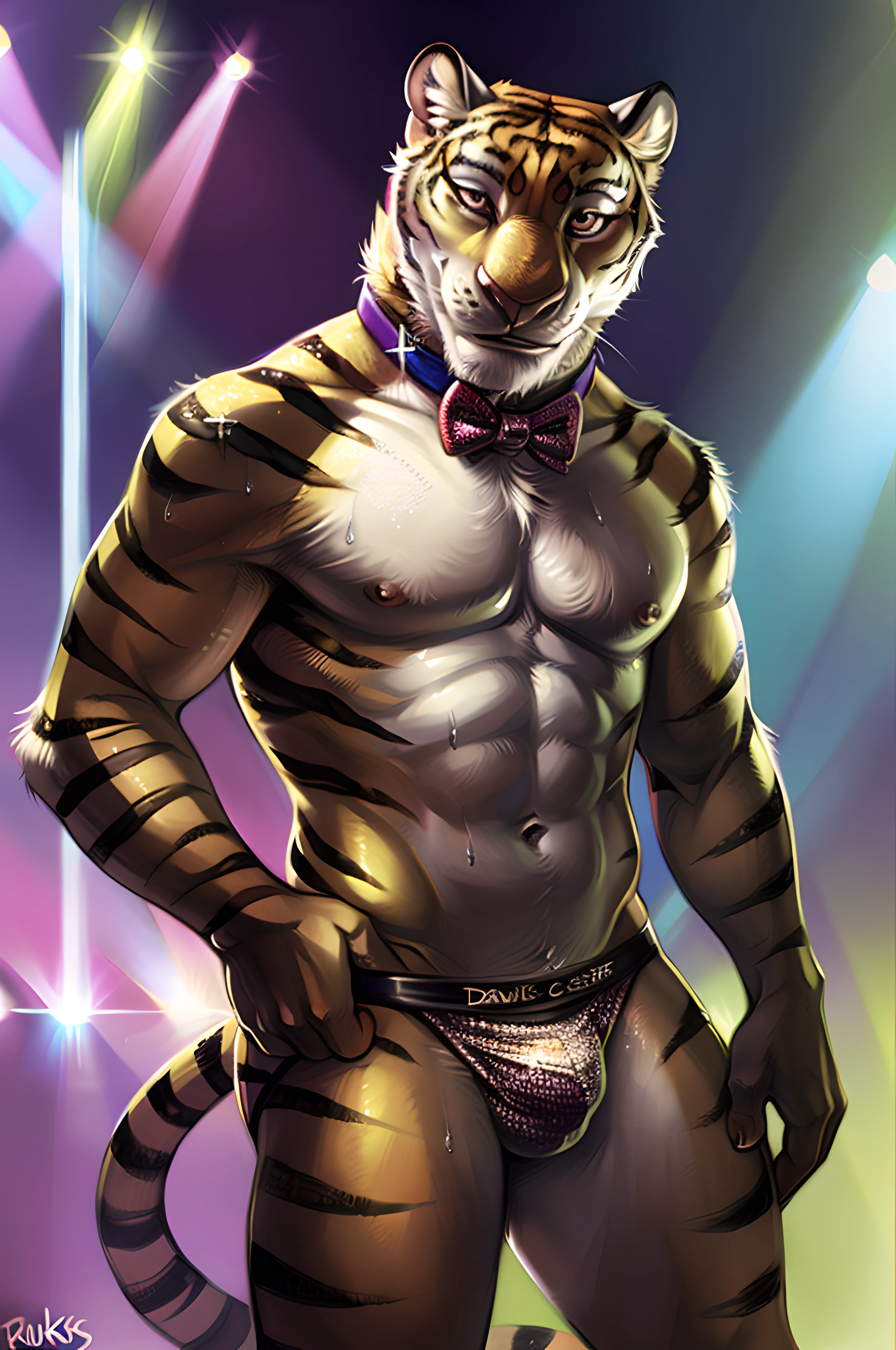 tiger dancer (zootopia), (bowtie collar:1.1), sexy, furry body, very muscular, heavyweight, (tiger dancer underwear:1.1), (bulge:0.8), male, masculine, 4k, high resolution, detailed, correct anatomy, cartoony proportions, (club background, bright lights), (by rukis, by darkgem, by mystikfox61:1.0), detailed eyes, flirting face, masterpiece, correct colors, correct lighting, detailed, (sparkles on body, glitter:1.4), (sweat:1.2), sexy, front view