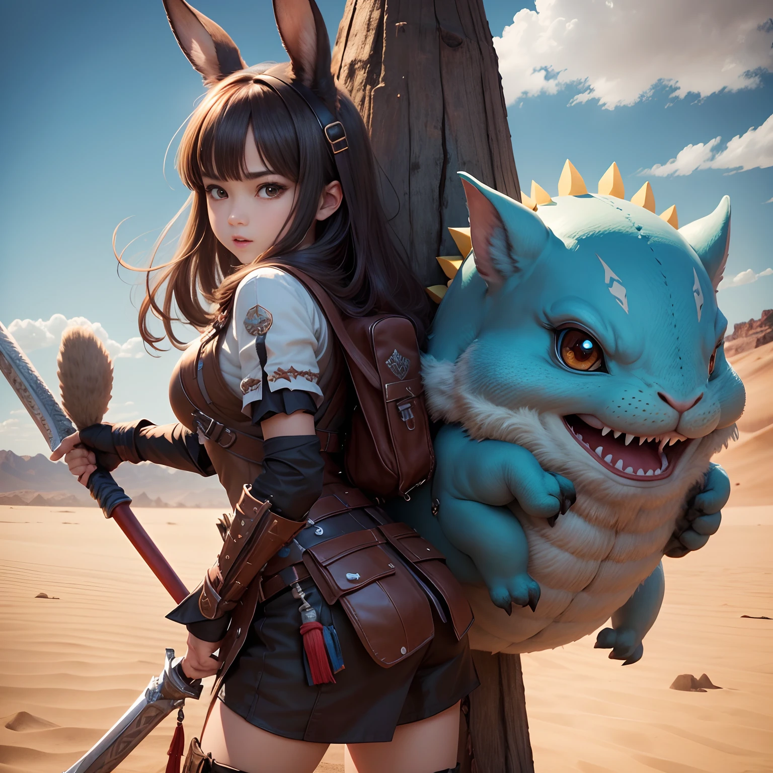 超A high resolution、An ultra-high picture quality、8K、Detailed details、marvelous expression、1 person teenager、Rabbit monster is your buddy、Monster Hunter Character Costumes、Have a big weapon、Vast desert background、