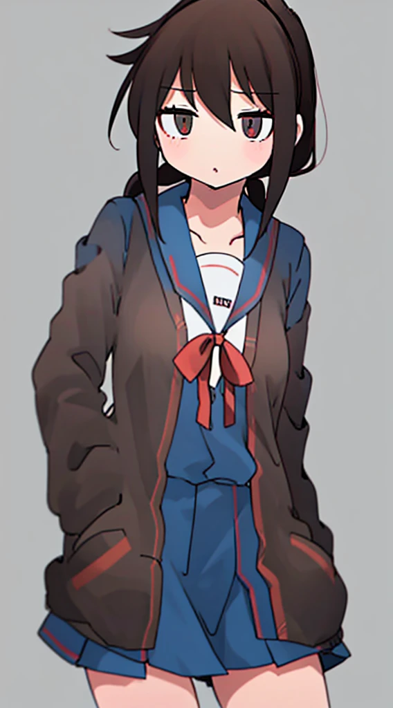 nukunukunigirimeshi style, anime style, best quality, 4k, masterpiece, standing girl, 1 girl, solo, 1 schoolgirl, brown hair, ponytail hairstyle, brown eyes, [empty eyes], [short girl], (flat breast:1.25), [suzumiya haruhi], sailor uniform, [[sleepy eyes]], daydreaming, little blush, (kita high school uniform), (cardigan:1.3), open clothes, open cardigan, brown cardigan, long sleeves, winter uniform, (nsfw), simple colored, light gray background