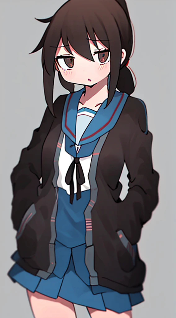 nukunukunigirimeshi style, anime style, best quality, 4k, masterpiece, standing girl, 1 girl, solo, 1 girl, brown hair, ponytail hairstyle, brown eyes, [empty eyes], [short girl], (flat breast:1.25), [suzumiya haruhi], sailor uniform, [[sleepy eyes]], daydreaming, little blush, (kita high school uniform), (cardigan:1.3), open clothes, open cardigan, brown cardigan, long sleeves, winter uniform, (nsfw), simple colored, light gray background