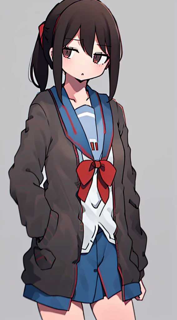 nukunukunigirimeshi style, anime style, best quality, 4k, masterpiece, standing girl, 1 girl, solo, 1 girl, brown hair, ponytail hairstyle, brown eyes, [empty eyes], [short girl], (flat breast:1.25), [suzumiya haruhi], sailor uniform, [[sleepy eyes]], daydreaming, little blush, (kita high school uniform), (cardigan:1.3), open clothes, open cardigan, brown cardigan, long sleeves, winter uniform, (nsfw), simple colored, light gray background