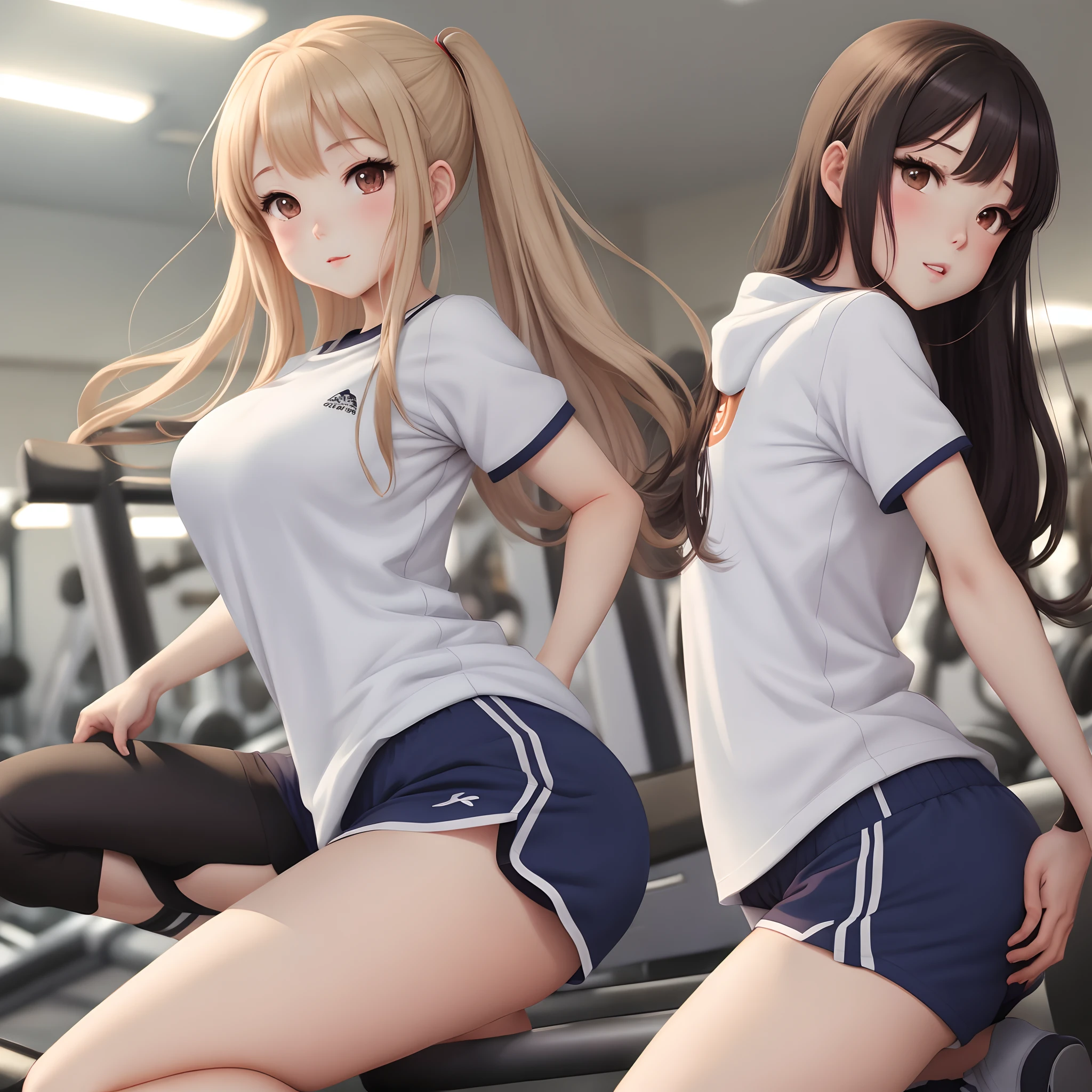 (cute eyes:1.2), (sparkling eyes:1.2), highest quality,wonderful,finely,extremely detailed CG Unity 8K wallpaper, (Stand in line:1.2), (3 girls, clothed), (gym uniform,red buruma, white shirt, short sleeves, thighs:1.3), (midium breasts), (open mouth:1.1), (long tongue:1.1), (mouth drool:1.1), (black stockings:1.1),(Thighs:1.1),(Waistline:1.1)