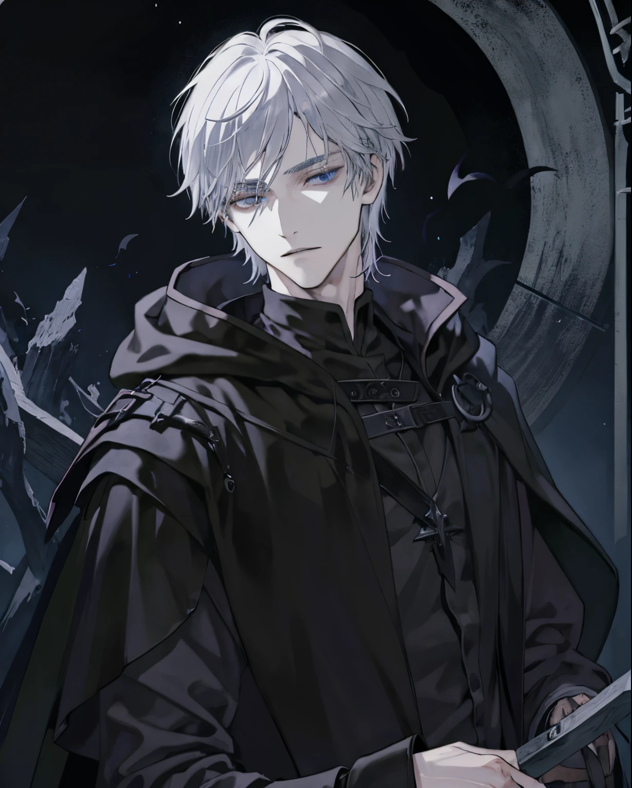 1 male, teacher, wearing a black robe, wearing a hood, rolled up sleeves, black long pants, white hair, long hair, face to detail, detailed eyes, blue eyes, hood, the background is space in china. In a fighting position. Silver chains everywhere. Holding a sword standing.