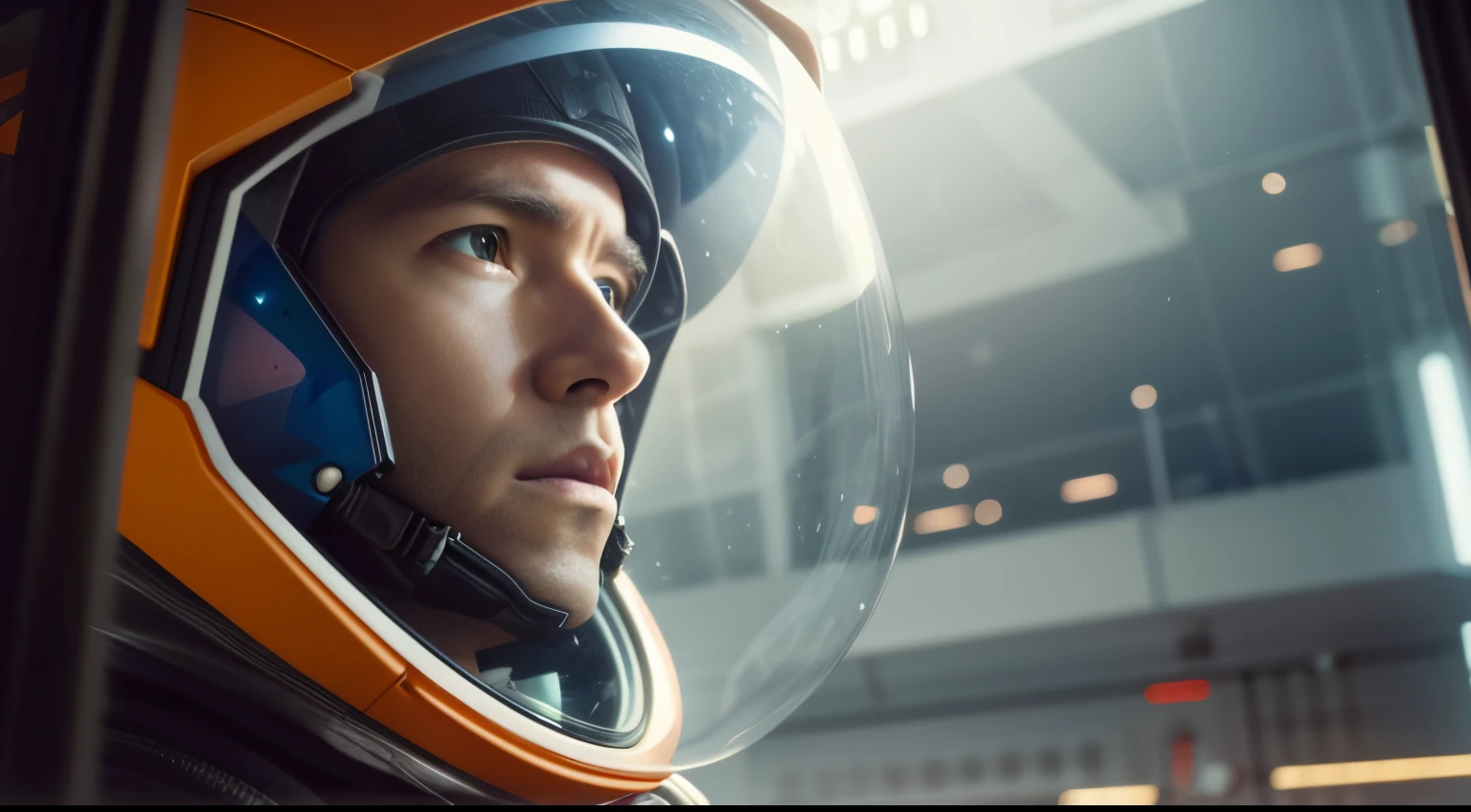 arafed man in a space suit looking out of a window, dramatic sci-fi movie still, sci-fi movie still, 8 k movie still, 4k movie still, 4 k movie still, sci-fi cinematic movie still, sci - fi film still, film still of ryan reynolds, imax movie still, interstellar hyper realism, in a scifi movie, ralistic image, 16k resolution, very detailed,