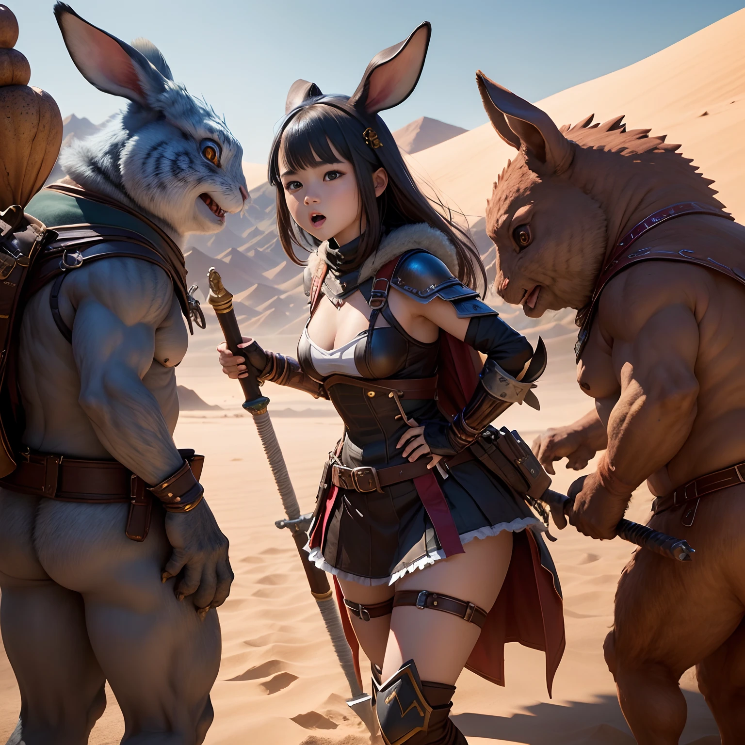 超A high resolution、An ultra-high picture quality、8K、Detailed details、marvelous expression、1 person ager、Rabbit monster is your buddy、Monster Hunter Character Costumes、Have a big weapon、Vast desert background、