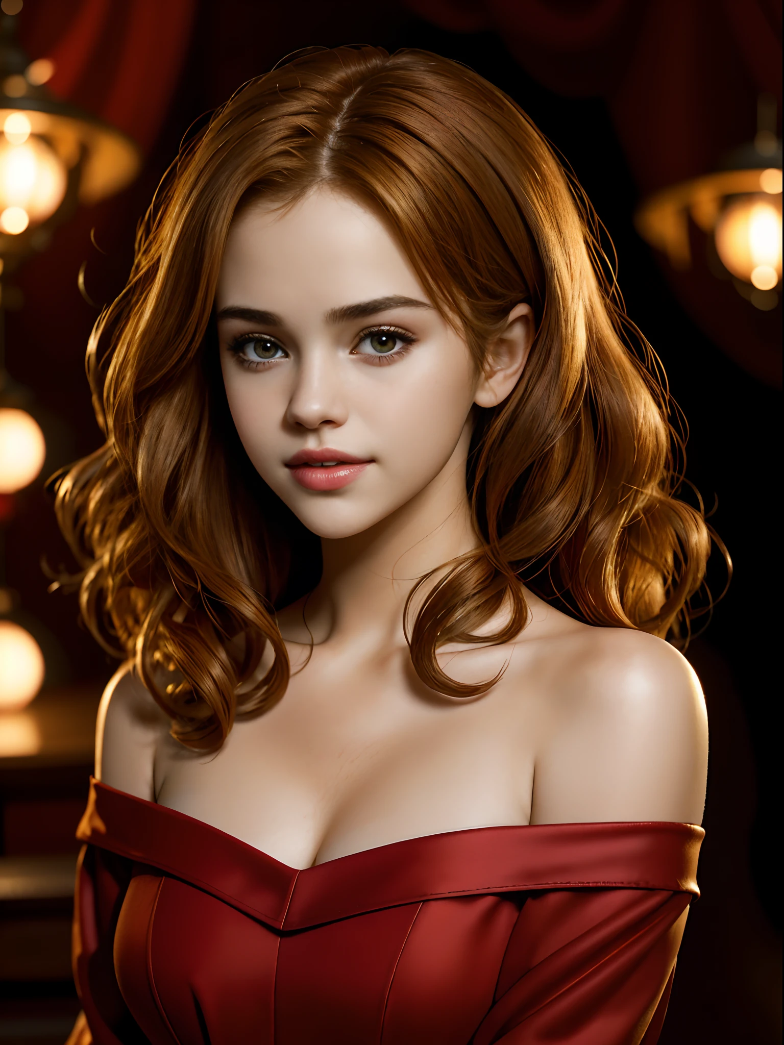 ((Huge smiling:0.5)) Best quality, masterpiece, ultra high res, (photorealistic:1.4), raw photo, 1girl (((Selena Gomez:Emma Watson:0.7))), adult, mature girl ((27- years old)), natural breasts , off shoulder red dress, curly blonde hair 1.7, cinematic lighting ((background blur:1.4)