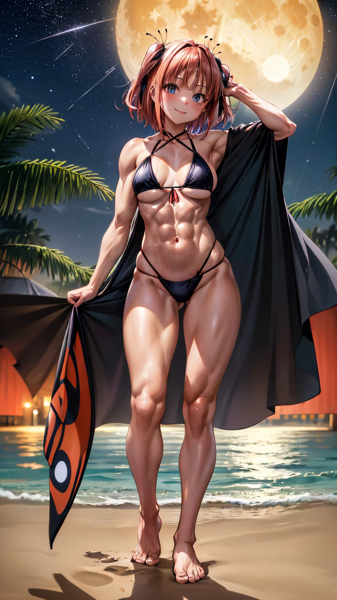 (((Nino Nakano)))、Pink and short shoulder length hair, reddish orange hair,、butterfly hair ornament, (dark blue eyes, )、large breasts、(very short black bikini)、(red blush: 1 )、( ((is standing)))、earring、a smile、(Sexy), muscular legs, muscular belly, barefoot, (he is showing his big ass to me), (full body photo), ((( on the beach at night with stars in the sky and full moon))), glowing eyes, eye reflection, evil smile, bad mood, anime, anime style, ray tracing, glare, bright light, drop shadow, panorama, Sony FE, UHD, masterpiece, accurate, anatomically correct, textured skin, super detail, high resolution, HD, 16k