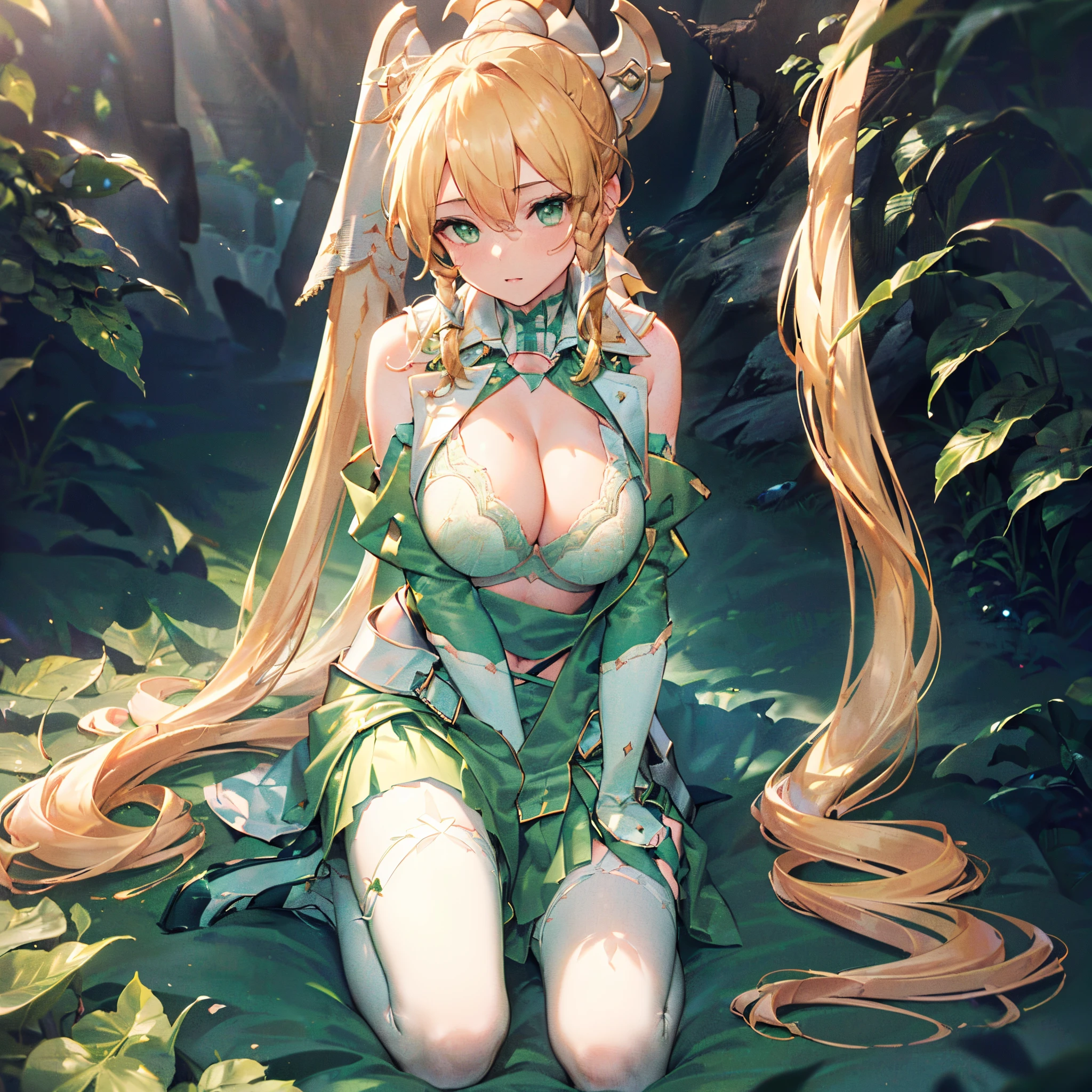(8K, Best quality, tmasterpiece:1.2),\(Eyes detailed\),\(facial feature\),(\(Clothes detail details\)\),(Full body lesbian),(surface focus) ,Very detailed CG unified 8k wallpaper,hugefilesize,ultra - detailed,A high resolution,Huang Li,beautidful eyes,Ray traching,dramatic shadow,Detailed pubic hair,dramatic angles,hyper-detailing,(1 girl:1.3),(Alone),((1girl leaf ponytail,Bra split sleeves cleavage green skirt white stockings hip vents:1.3)),((Colossal tits,Large breasts)),Standing on a broken cliff