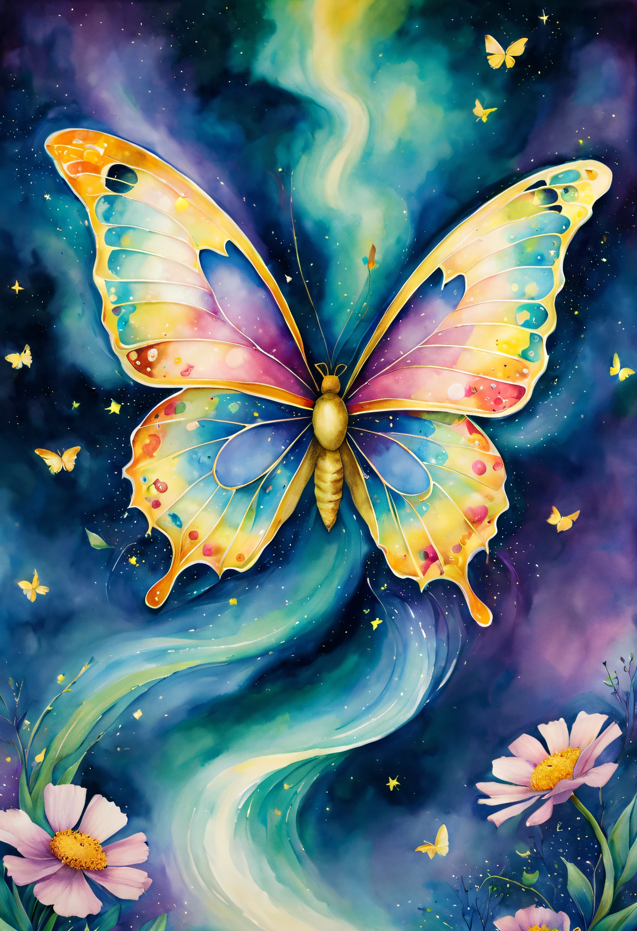 Whimsical and playful, Watercolor style painting, In the eternal dance of the aurora, A fantasy butterfly woven from sincere mythological playfulness. it has butterfly wings，Hovering in the sky, Decorated with bioluminescent flowers，Beating softly to the rhythm of an invisible cosmic symphony. the creature&#39;The wings of s are a masterpiece of heavenly brushstrokes, Colors are taken from dusk skies and pastel tones of spring dawns. It exudes gentle warmth，melted the coldest night, Its breath is a twinkling stream of stardust，Can heal the soul. Every elegant flight, it leaves a trail of golden particles，Inspire feelings of joy and comfort, You become an evergreen hope wherever you go、A holy place where happiness blooms forever. Klimt, Visible paper texture, shaded, aquarelle, lmaginative, like a dream, vivd colour, Stylized, Happy, Whimsical and playful