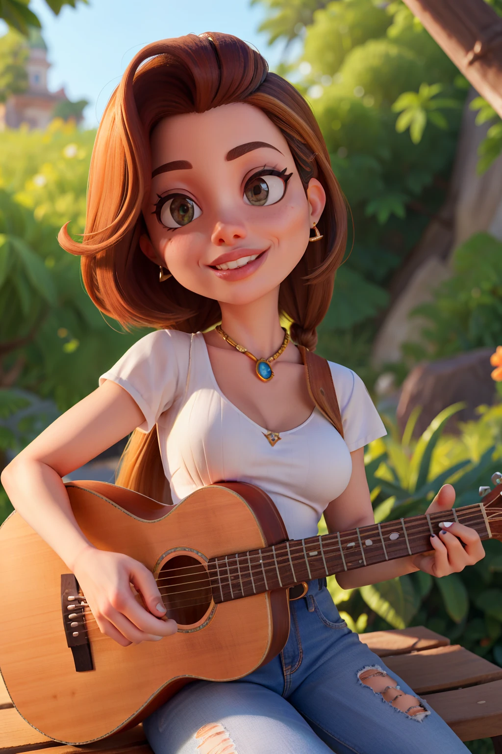 uma linda, mulher madura com cabelo castanho na altura dos ombros, cabelos ondulados, thick lips like Angelina Jolie, um sorriso deslumbrante, olhos castanhos escuros, sitting on a bench playing guitar, No estilo Disney Pixar.