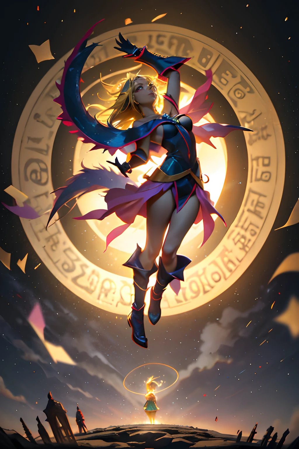 (Obra maestra:1.2), (La mejor calidad:1.2), Perfect lighting, Chica Maga Oscura lanzando un hechizo, flotando en el aire, Levitating over a magic circle , Portal de Circle, tetas grandes, escote abierto, fondo de magia. Pose sejustiva y sexy. Fuegos artificiales de fondo. dragon armaguedon