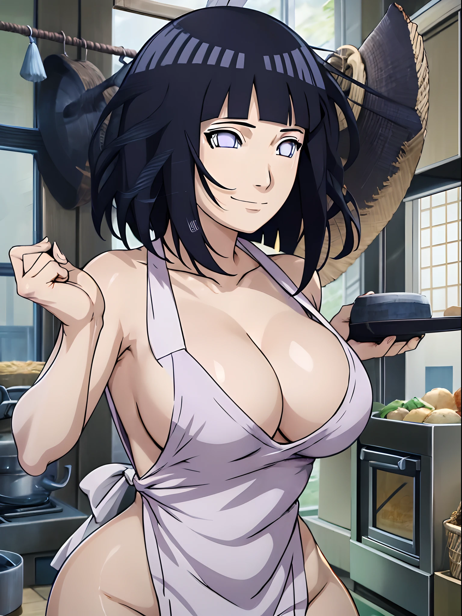 ((thick arms)), , , anime style, cute , beautiful , nice body, soft body, (hinata\(boruto\), (slender body), mature woman , broad shoulders, off-shoulders, (naked wearing white apron only, bare arms, bare hands), smile, closed mouth, pale skin, , smile, (dark blue hair color:1.1), wavy hair, floating hair, ((very short hair, hime cut), big breasts, (closed fists), , (perfect eyes, white sciera, bright eyes, white eyes, anime eyes)