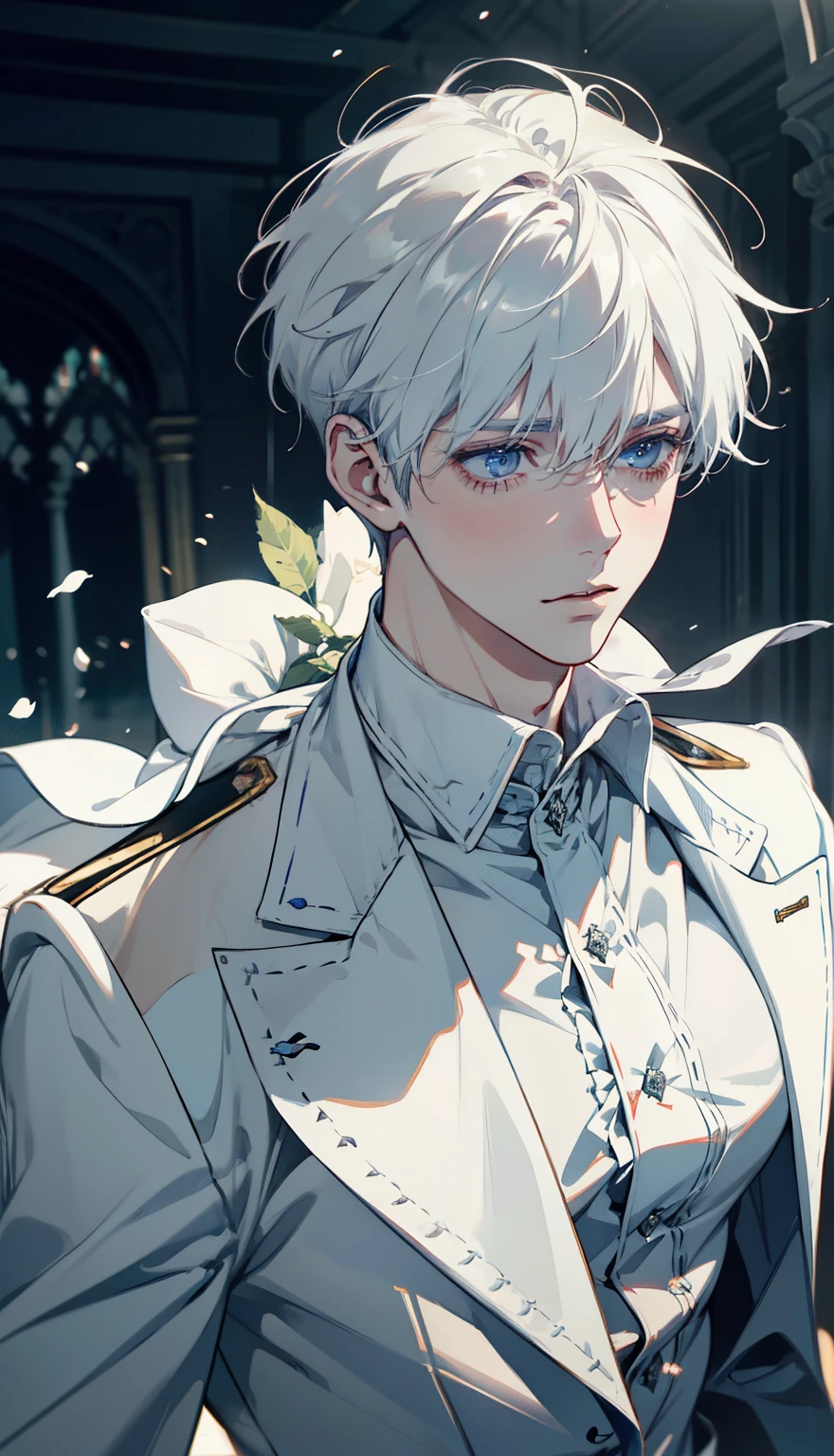 1boy，male，young man，Pale teenager，Rose blanche，white  shirt，bandagens，bloods，Low screen contrast，High brightness，White hair，softlighting，soft focus，misterious，romanticism lain, anime big breast, Impressionism, Cinematic lighting, Close-up, hyper HD, Masterpiece, High details，