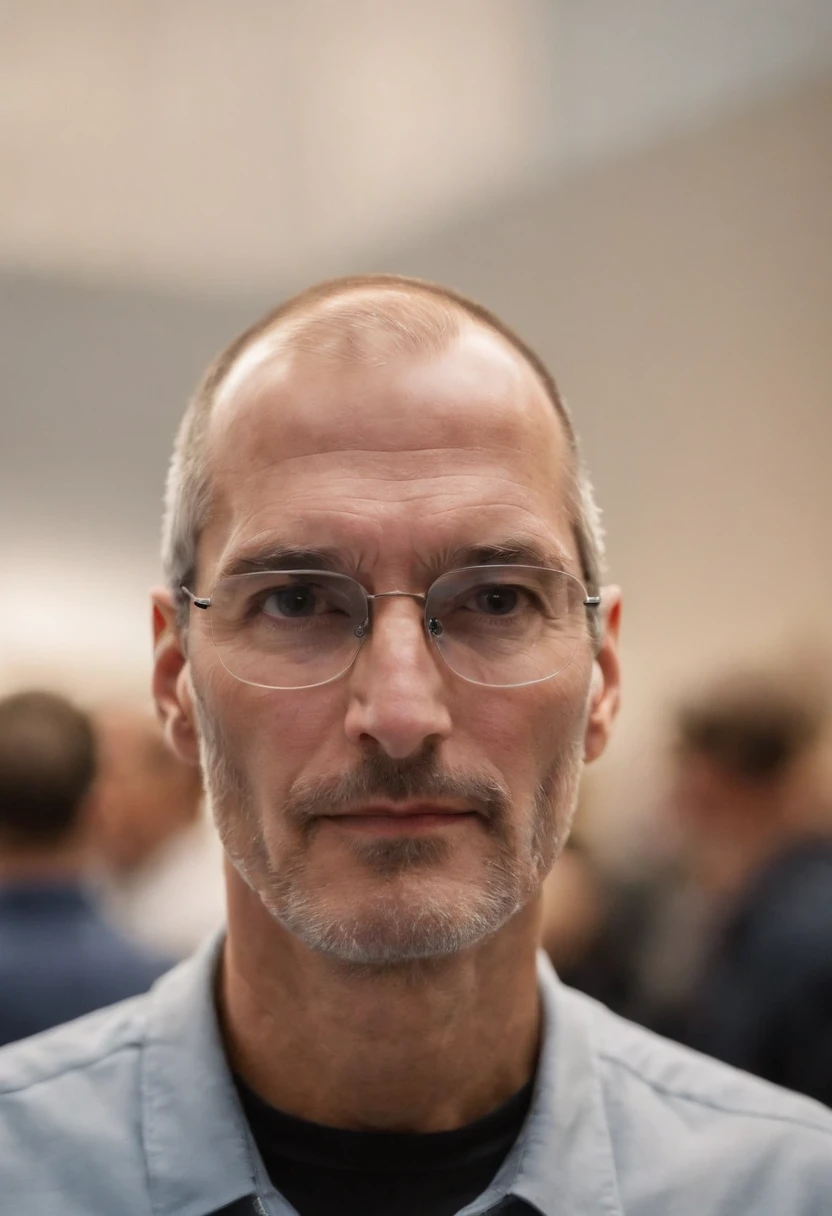A photo of Jobs walking through a bustling Apple store, surrounded by people excitedly shopping for the latest Apple products,original,Steve Jobs, the co-founder of Apple Inc., was known for his signature style: a black turtleneck, blue jeans, and New Balance sneakers, creating a minimalist and iconic image. He had a slender build and an intense, penetrating gaze, often accompanied by a contemplative or fiercely determined expression.