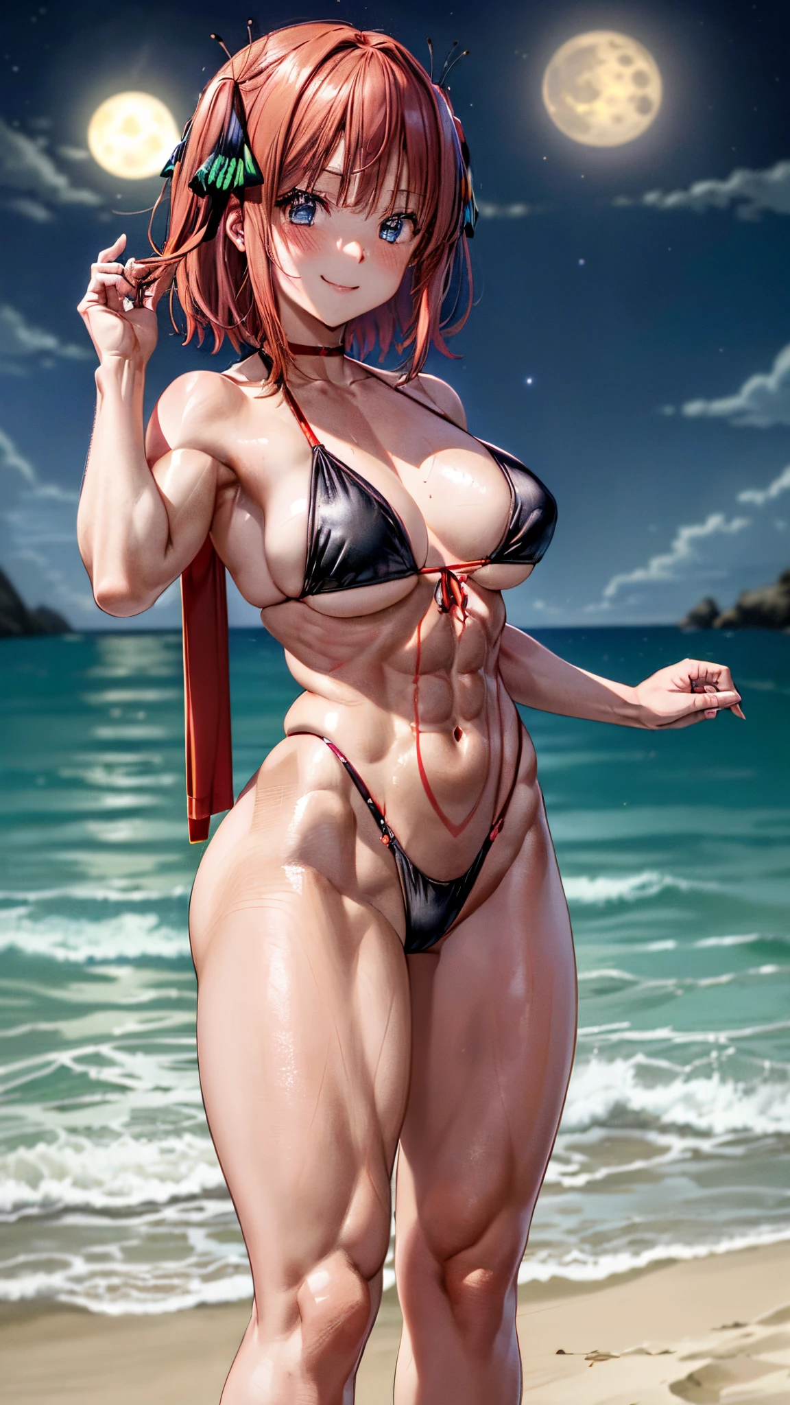 (((Nino Nakano)))、Pink and short shoulder length hair, reddish orange hair,、butterfly hair ornament, (dark blue eyes, )、huge breasts、(very short black bikini)、(red blush: 1 )、( ((is standing)))、earring、a smile、(Sexy), muscular legs, muscular belly, barefoot, fingernails with hints of pink, (he is showing me his big ass), (photo of full body), (((on the beach at night with stars in the sky and full moon))), glowing eyes, eye reflection, evil smile, bad mood, anime, anime style, ray tracing, glare, glowing light, shadow designed, panorama, Sony FE, UHD, masterpiece, accurate, anatomically correct, textured skin, super detail, high resolution, HD, 16k