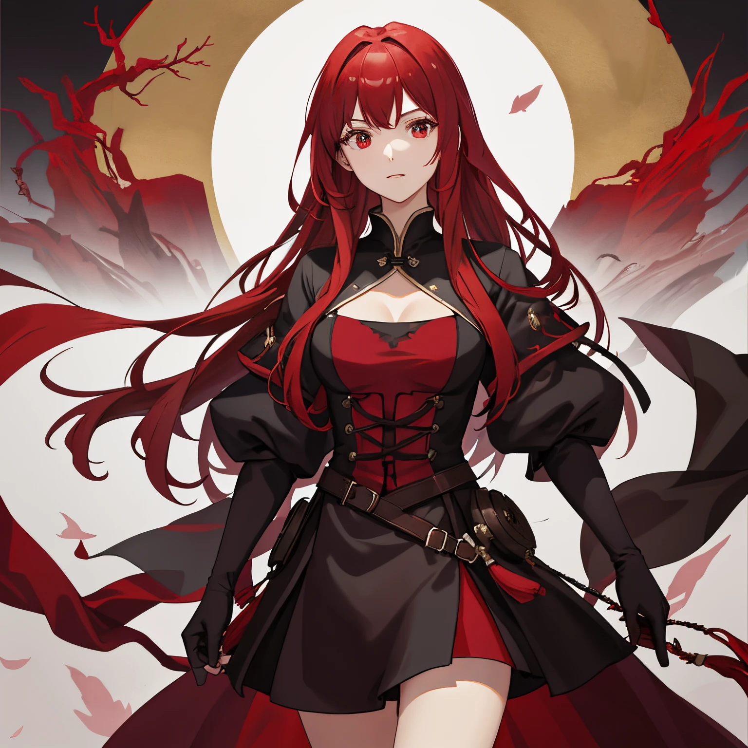 tmasterpiece， best quality， 1人， AS-Adult， female focus， 独奏， Medium red hair， a druid，Vibrant red eyes，a plant，vine ，火焰，mitts， looking at viewert， cloaks， High quality metal texture， Semi-metallic armor， Keep your mouth shut， Black metal gloves， upper part of body， through bangs， high-necked，medieval times （Berkshire：0.6）， fantasy aesthetic， The is very detailed