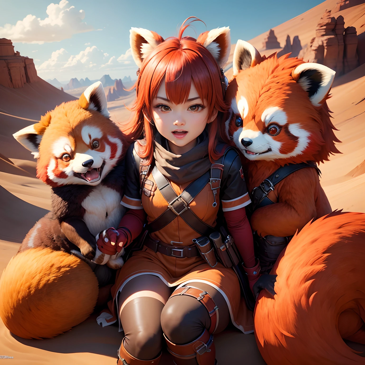 超A high resolution、An ultra-high picture quality、8K、Detailed details、marvelous expression、1 person ager、The red panda monster is your buddy、Monster Hunter Character Costumes、Have a big weapon、Vast desert background、