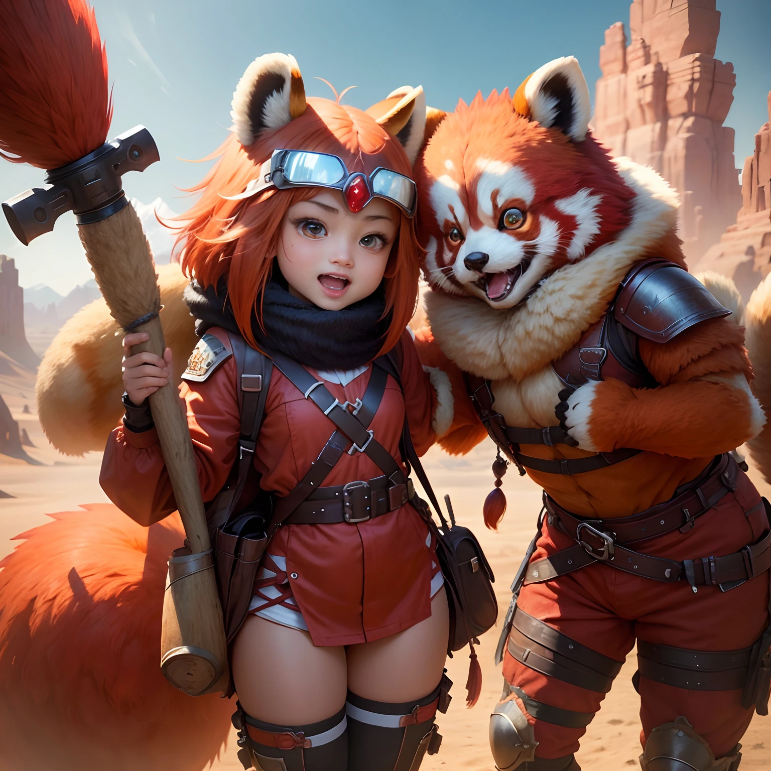 超A high resolution、An ultra-high picture quality、8K、Detailed details、marvelous expression、1 person teenager、The red panda monster is your buddy、Monster Hunter Character Costumes、Have a big weapon、Vast desert background、