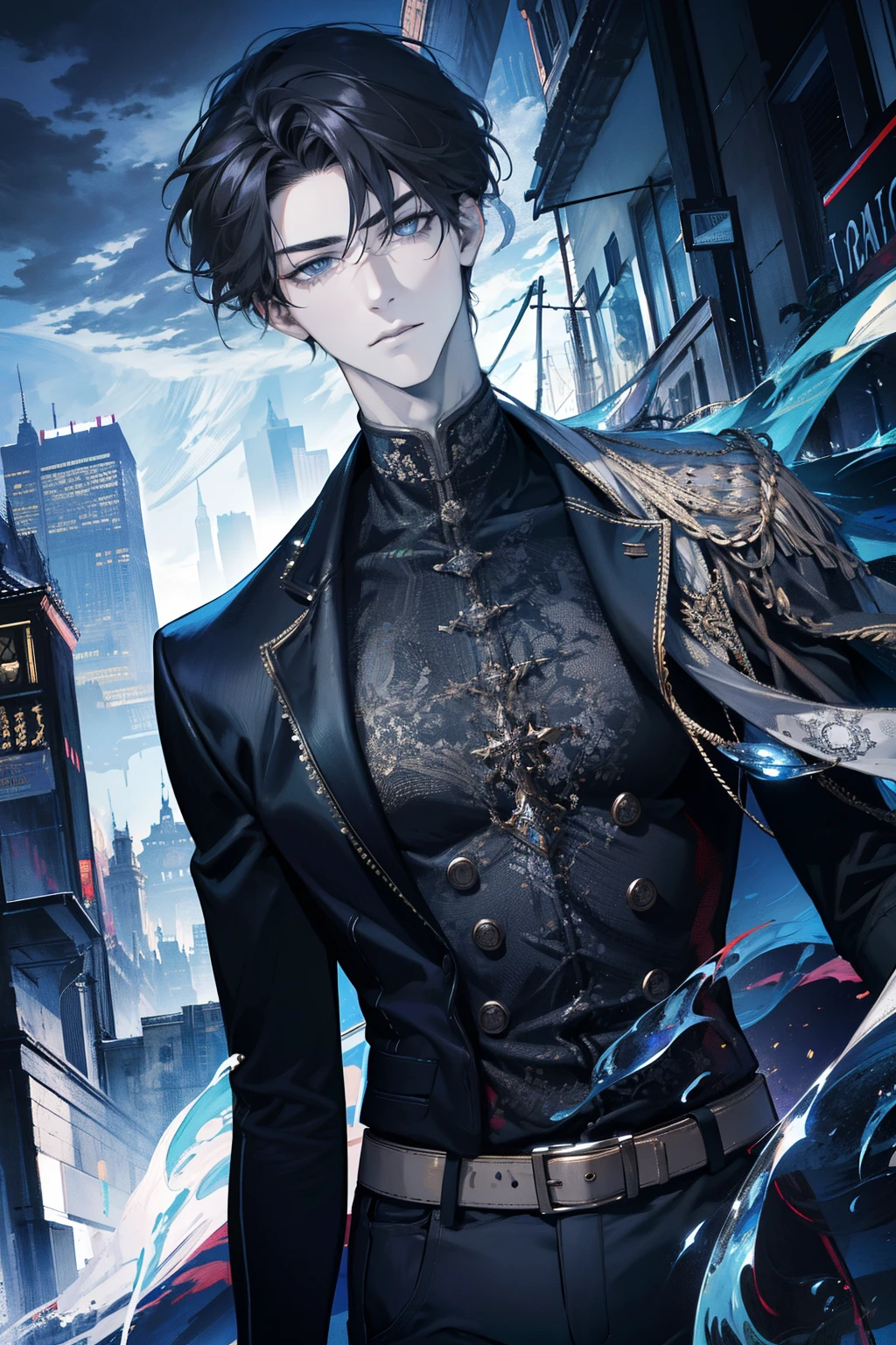 (absurdres, highres, ultra detailed), 1 male, adult, handsome, tall muscular guy, broad shoulders, casual outfit, finely detailed eyes, light color hair, complex pattern, detailed face, modern, city, best ratio four finger and one thumb, menacing, (dutch angle), closed mouth
