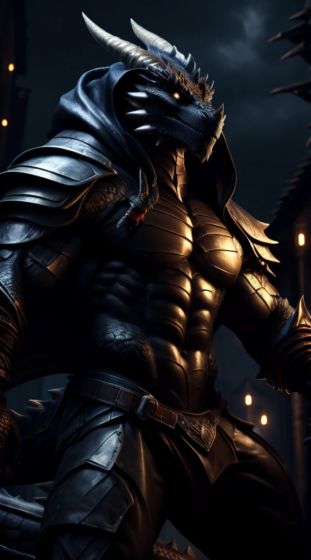 A dragon man, muscular, illustration, (best quality, 4k, highres, masterpiece:1.2), ultra-detailed, realistic, horror, sharp focus, vivid colors, nighttime lighting, rock abs, light armor, black body with scales, glowing eyes, transforming hands into monster motion lines.