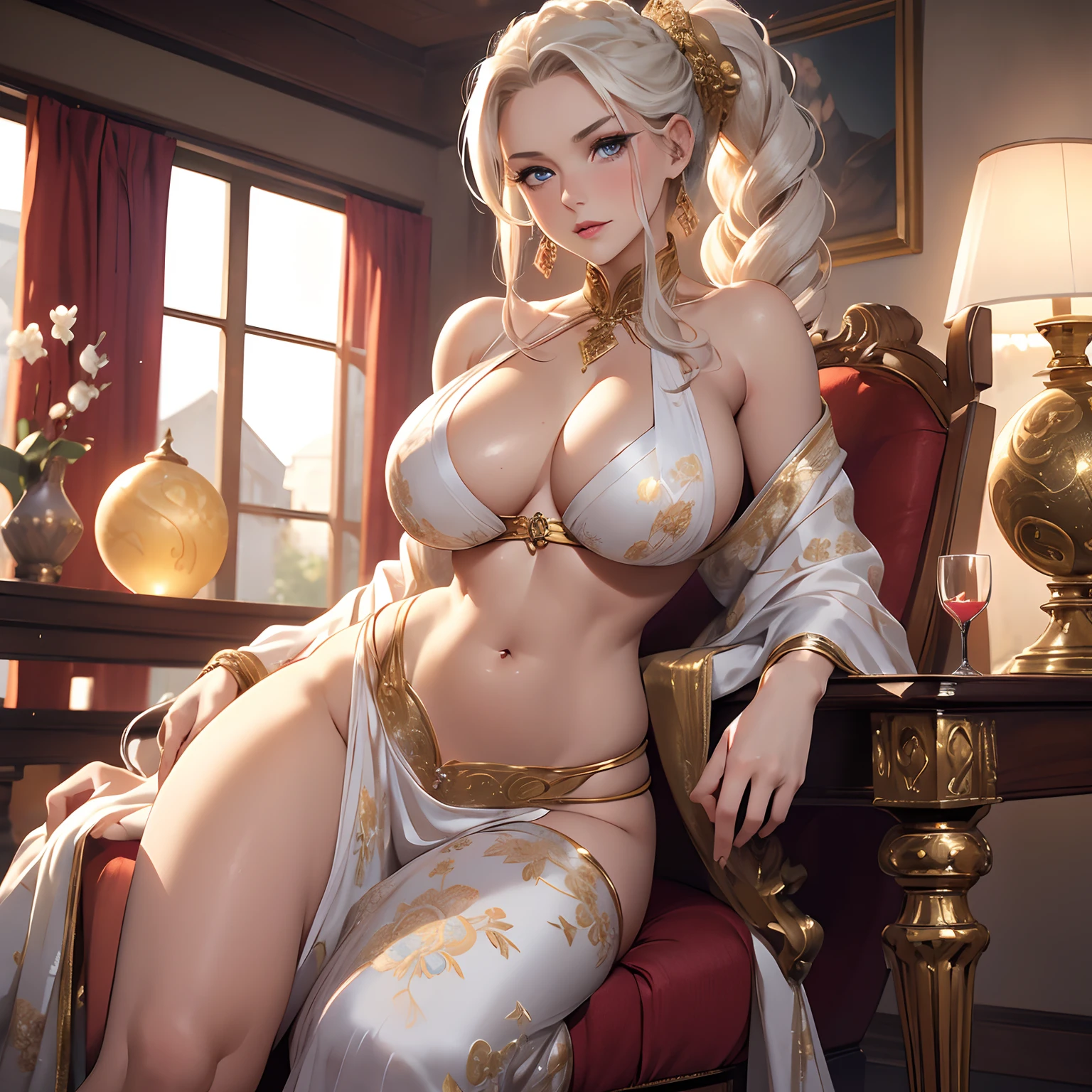 One mature platinum blonde European female with curly hair, long braided ponytail, blue eyes, full lips, detailed beautiful face, mild, 30 years old, large chest, wide hips, curvy physique, cleavage, blushing, seductive eyes, wearing open shiny white silk kimono with detailed gold with silver floral pattern, sitting on wooden throne, (((bare chest))),((bare legs)), sunset, red curtains, ((crystal ball: 1.5)), candles, bookshelf, (((solo))), (masterpiece), erotic, seductive, bare shoulders, huge boobs,