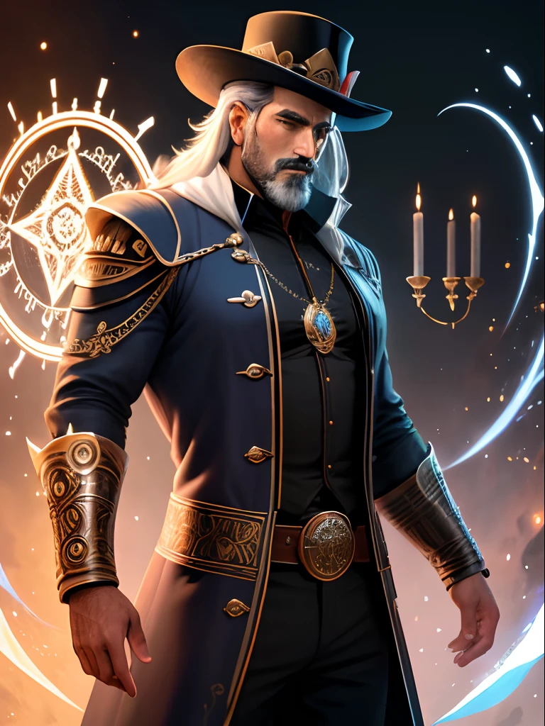 (obra-prima, melhor qualidade: 1.4), , homem, garoto, cabelos brancos, estilo anime, anime, ((mago)), ((Robes and magician's hat)), macho maduro, Tonificado, ((bruxo masculino)), , master part, absurdos, detalhes finos, HDR, sozinho, parte superior do corpo, charming expression, ((pele clara)), Magical runes around you, magic circle in the background, (absurdos, highres, ultra detalhados: 1.2), (1 homem bonito: 1.4), (cabelos brancos), (usando magia escura: 1.4), magia roxa, playful illustrations, imaginative overlays, artistic fusion, fantastic scenes, narrativas evocativas, visuais impressionantes
