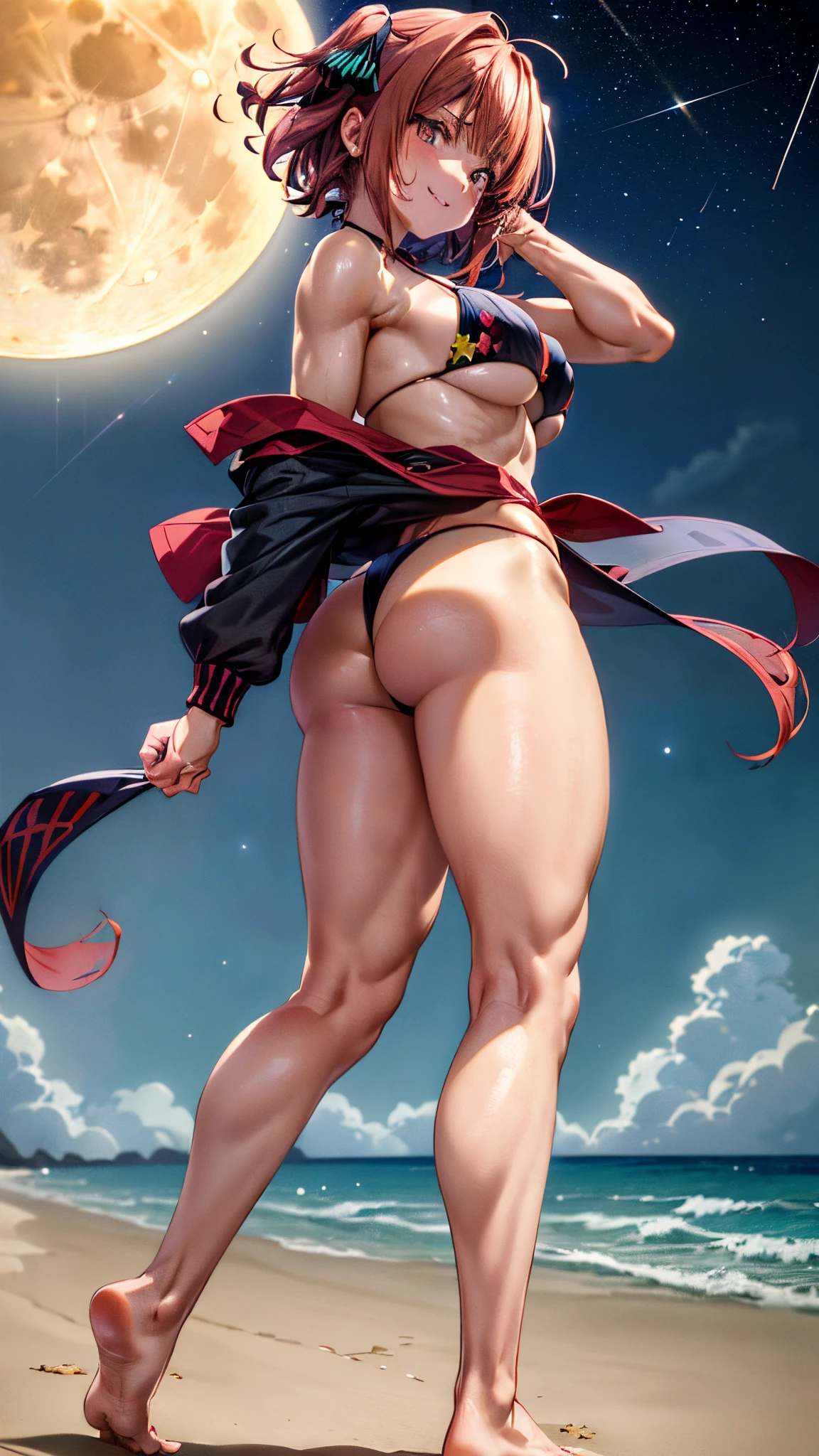 (((Nino Nakano)))、Pink and short shoulder length hair, reddish orange hair,、butterfly hair ornament, (dark blue eyes, )、giant breasts、(very short black bikini)、(red blush: 1 )、(((is standing)))、earring、a smile、(Sexy), muscular legs, muscular belly, barefoot, fingernails with a hint of pink, (((showing me her big ass))), ( full body photo), (((on the beach at night with stars in the sky and full moon))), glowing eyes, eye reflection, evil smile, bad mood, anime, anime style, ray tracing, glare, glowing light , drop shadow, panorama, Sony FE, UHD, masterpiece, accurate, anatomically correct, textured skin, super detail, high resolution, HD, 16k