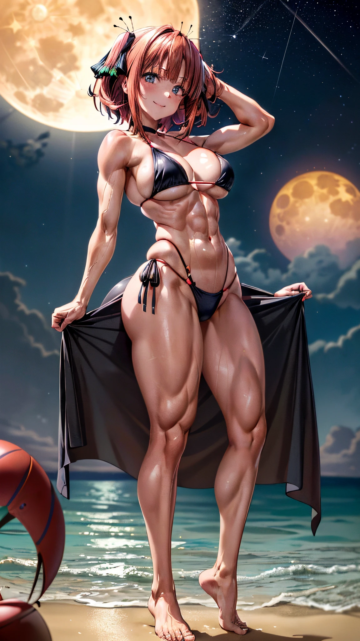 (((Nino Nakano)))、Pink and short shoulder length hair, reddish orange hair,、butterfly hair ornament, (dark blue eyes, )、giant breasts、(very short black bikini)、(red blush: 1 )、(((is standing)))、earring、a smile、(Sexy), muscular legs, muscular belly, barefoot, fingernails with a hint of pink, (((showing me her big ass))), ( full body photo), (((on the beach at night with stars in the sky and full moon))), glowing eyes, eye reflection, evil smile, bad mood, anime, anime style, ray tracing, glare, glowing light , drop shadow, panorama, Sony FE, UHD, masterpiece, accurate, anatomically correct, textured skin, super detail, high resolution, HD, 16k