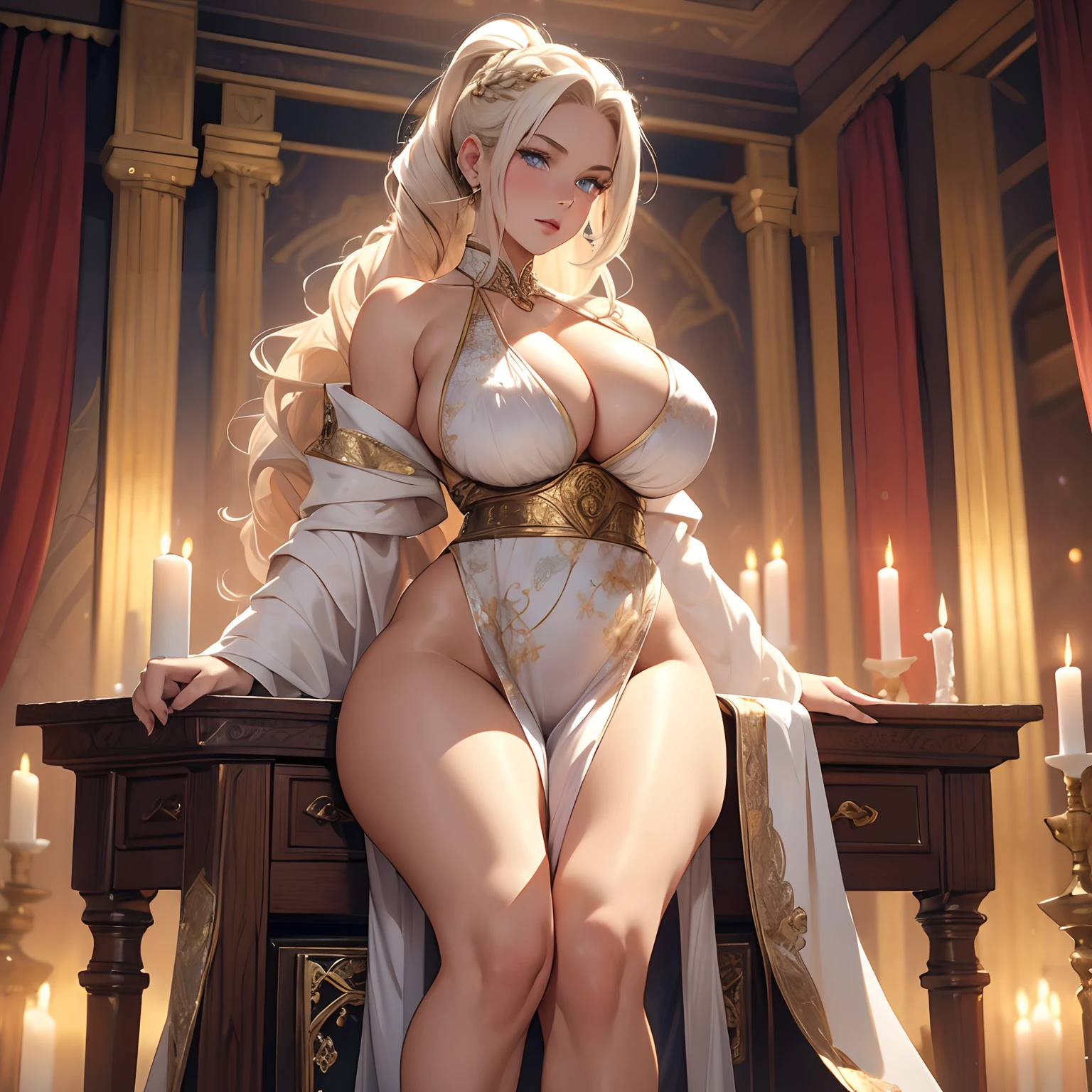 One mature platinum blonde European female with curly hair, long braided ponytail, blue eyes, full lips, detailed beautiful face, mild, 30 years old, large chest, wide hips, curvy physique, cleavage, blushing, seductive eyes, wearing open shiny white silk robe with detailed gold with silver floral pattern, sitting on wooden throne, ((bare legs)), sunset, red curtains, ((crystal ball: 1.5)), candles, bookshelf, (((solo))), (masterpiece), erotic, seductive, bare shoulders, huge boobs,