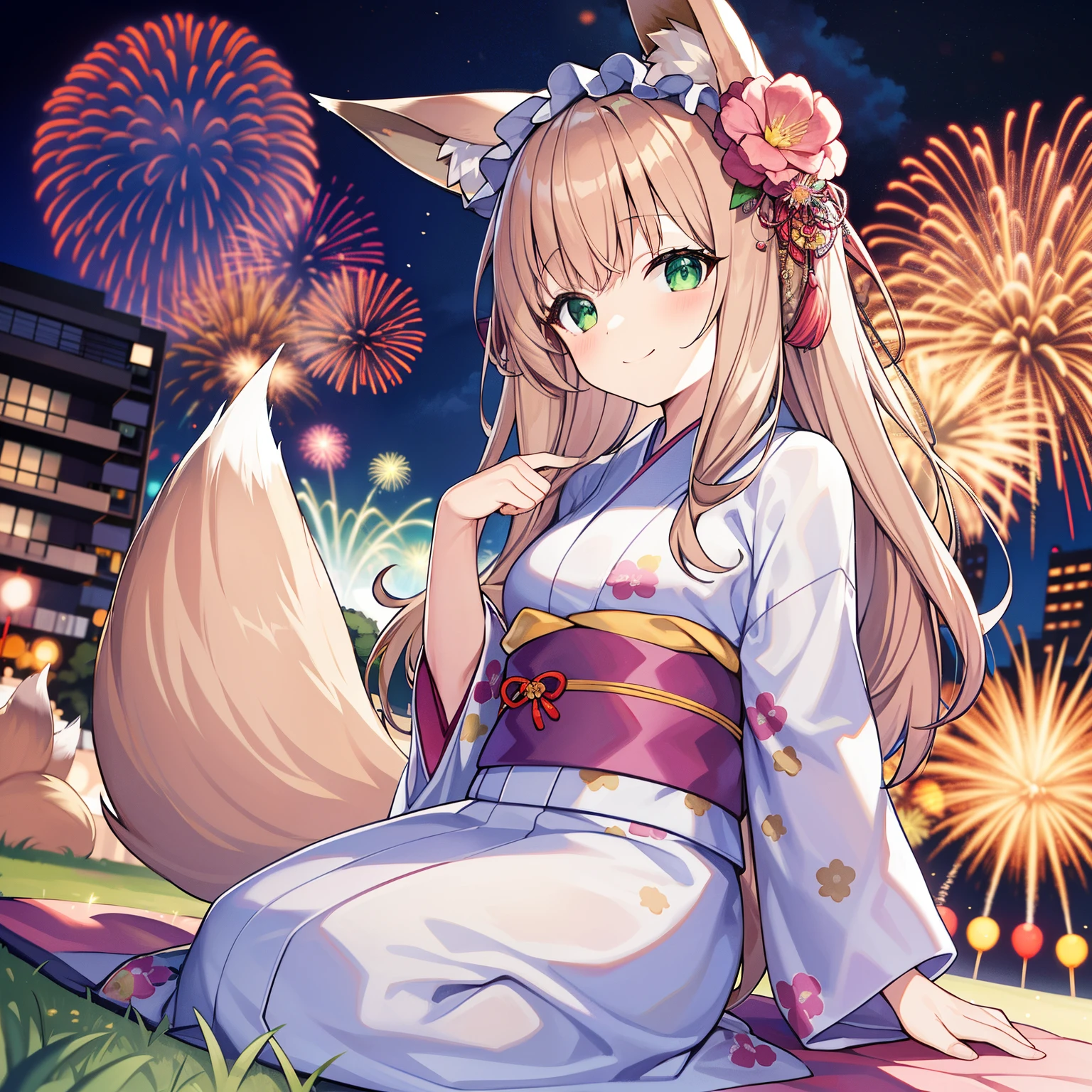 tmasterpiece,Best quality,A high resolution,1 plump girl, Alone, (8k wallpaper), (Brown hair long),(Huge fox tail:1.2),Green-eyed,Small flower headdress,yo girl_C cups,modernn architecture,Wearing a pink yukata,fireworks display,Sit on the lawn_Girl looking at the brilliant fireworks,cute smiling,The perspective is from top to bottom,