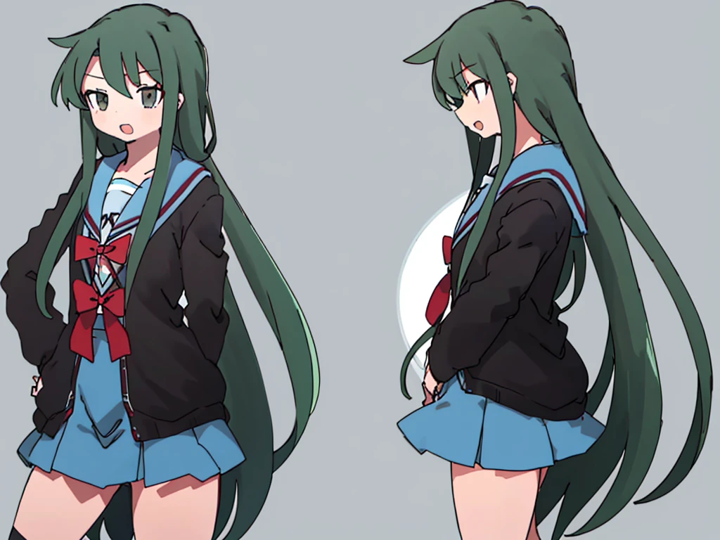 nukunukunigirimeshi style, anime style, best quality, 4k, masterpiece, tsuruya, 1 girl, solo, 1 schoolgirl, kita school uniform, blazer, blue skirt, kneehighs, simple colored, light gray background, green hair, [fang]
